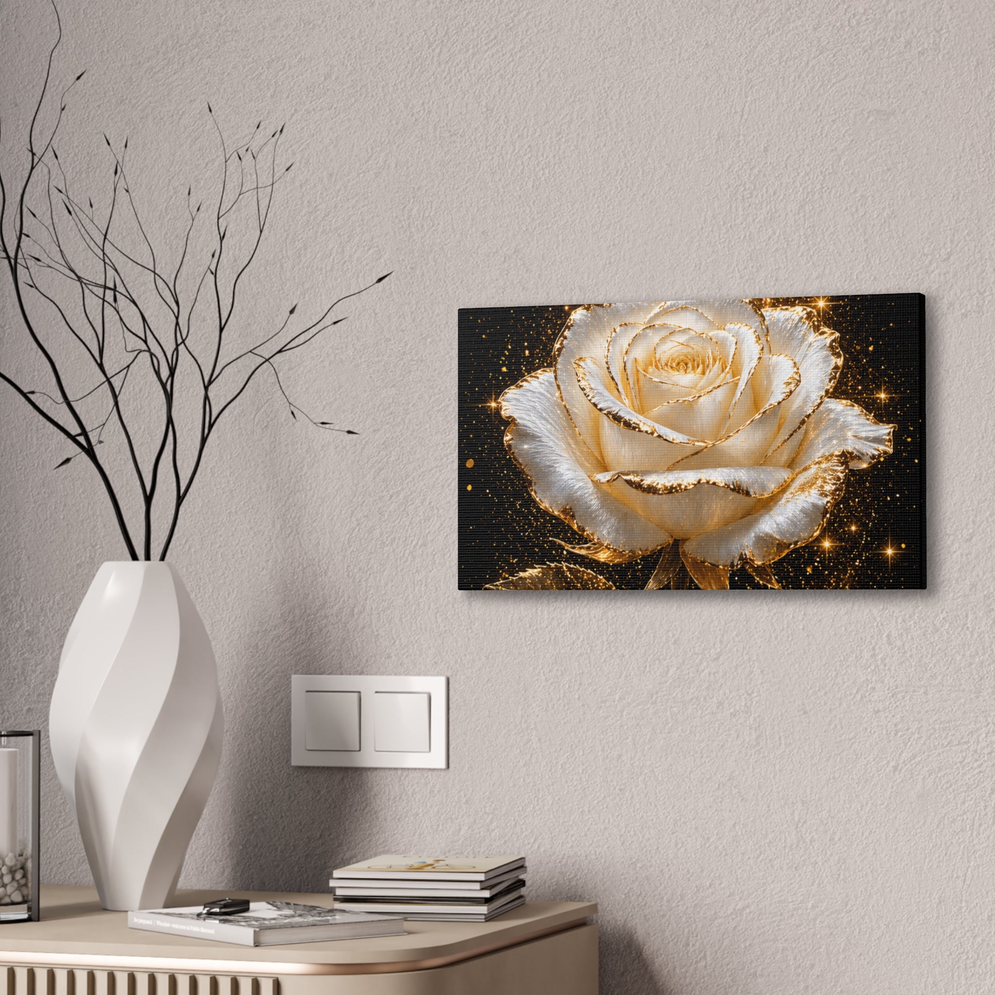 Golden Sparkle Rose Canvas Print — Glam Floral Wall Art