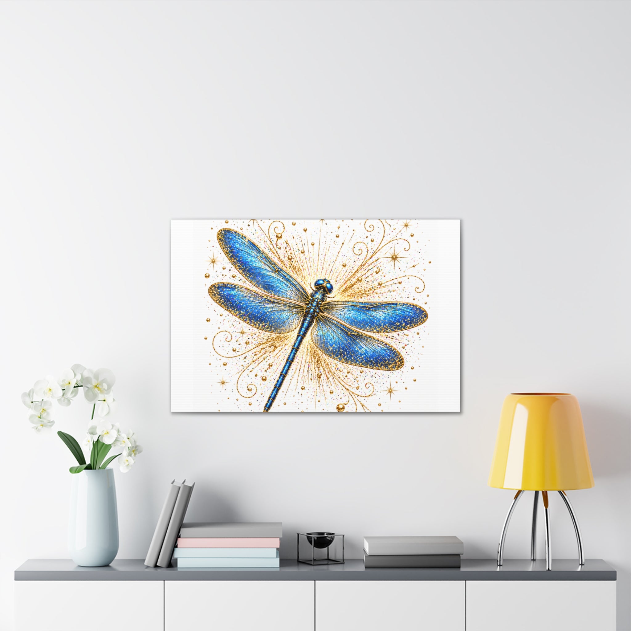 Blue Dragonfly Canvas Wall Art - Sparkling Gold Accents, Stretched 0.75"