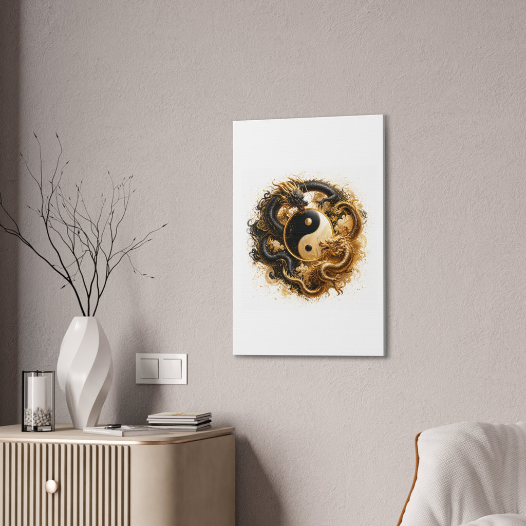 Yin Yang Dragons Canvas Wall Art — Gold & Black Chinese Dragon Print
