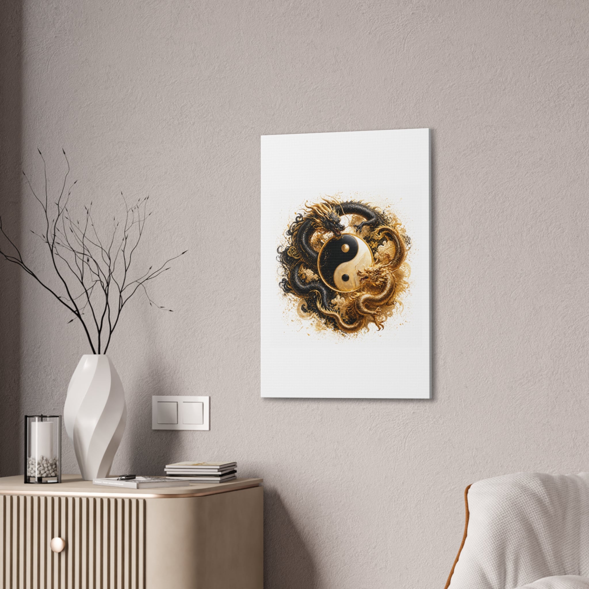 Yin Yang Dragons Canvas Wall Art — Gold & Black Chinese Dragon Print