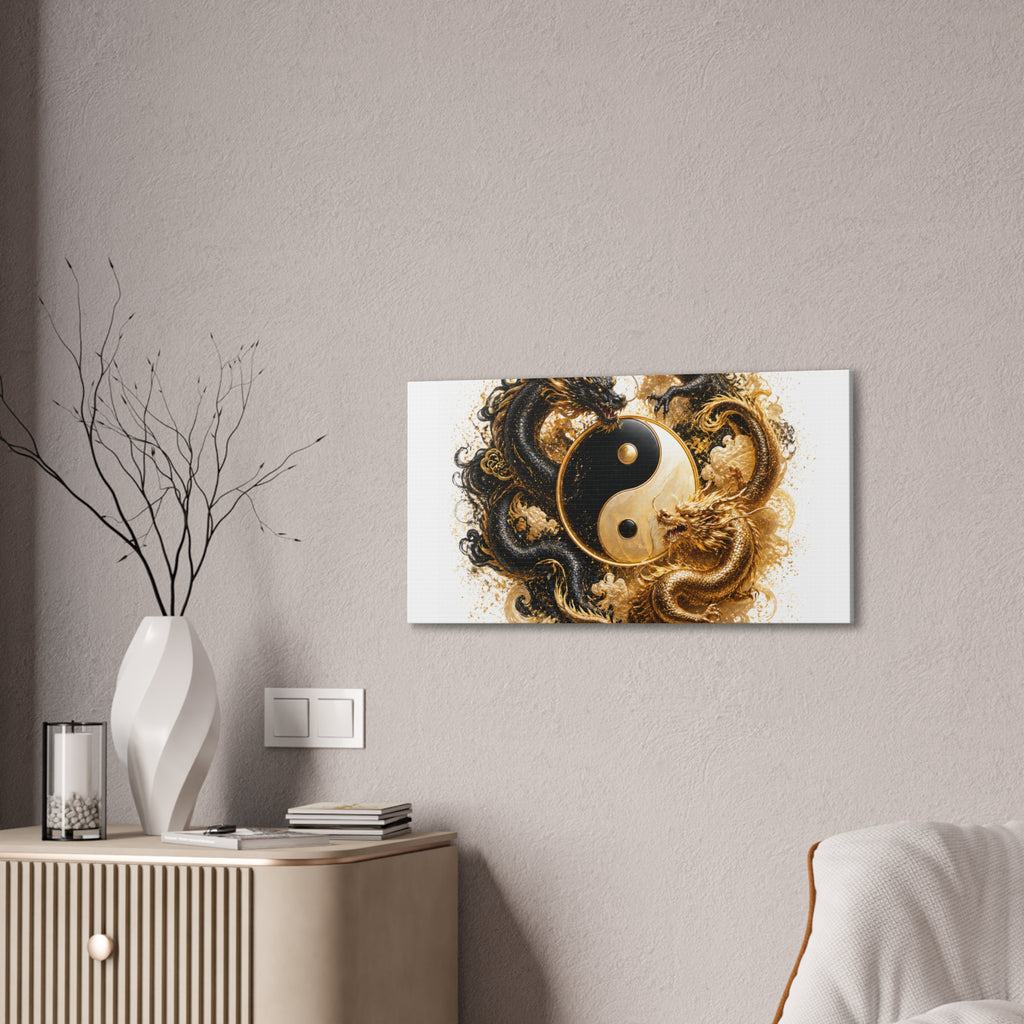 Yin Yang Dragons Canvas Wall Art — Gold & Black Chinese Dragon Print