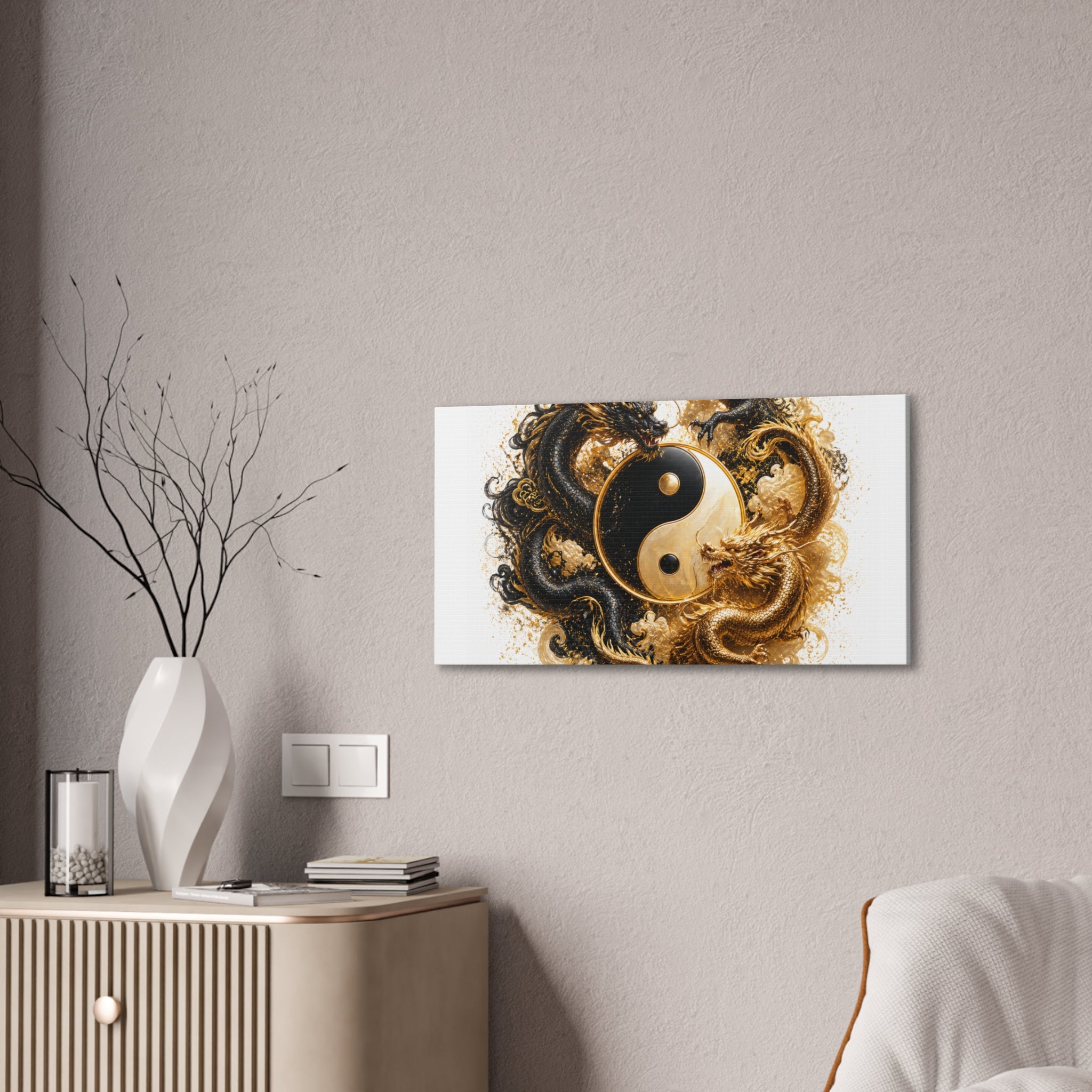 Yin Yang Dragons Canvas Wall Art — Gold & Black Chinese Dragon Print