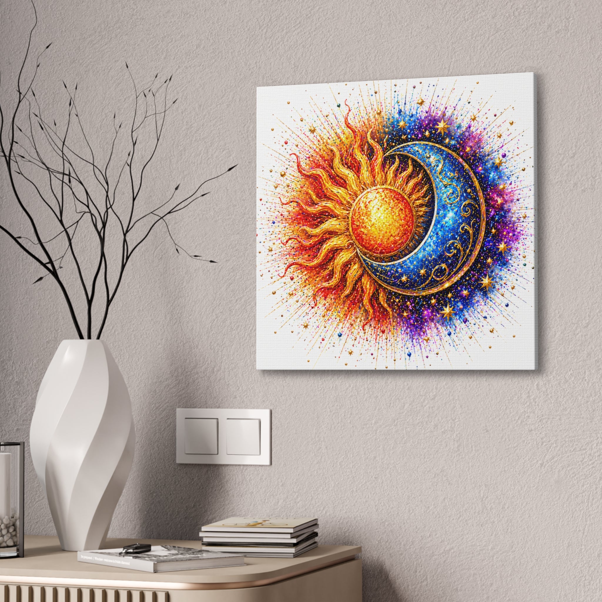 Sun and Moon Wall Art Canvas – Vibrant Celestial Sun & Crescent Moon Stretched Canvas