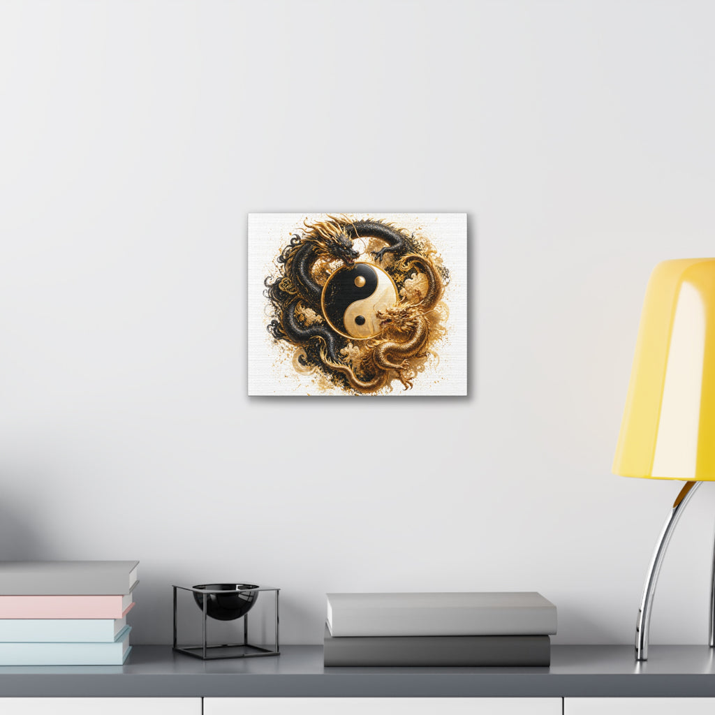 Yin Yang Dragons Canvas Wall Art — Gold & Black Chinese Dragon Print