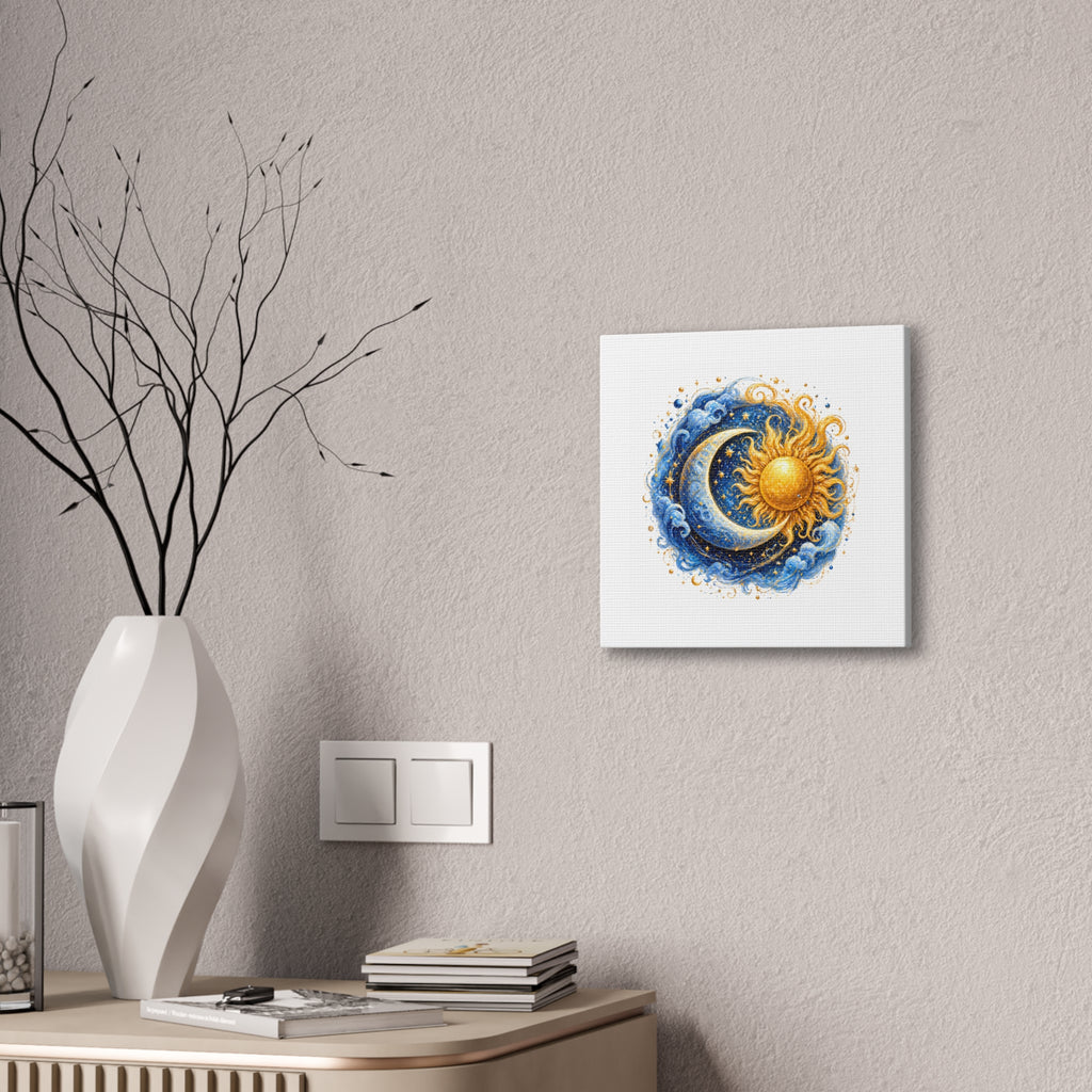 Sun and Moon Wall Art Canvas — Celestial Sun & Crescent Moon Stretched Canvas