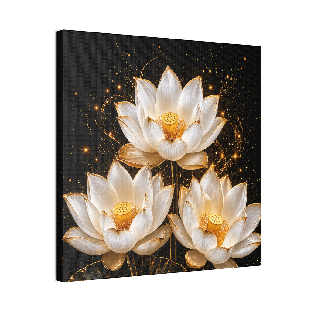 Gold and White Triple Lotus Floral Canvas Wall Art - Stretched 0.75"