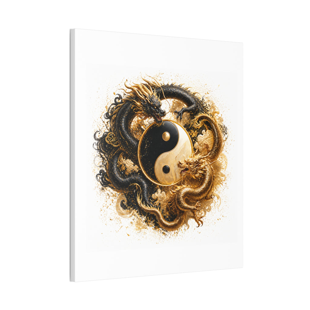 Yin Yang Dragons Canvas Wall Art — Gold & Black Chinese Dragon Print