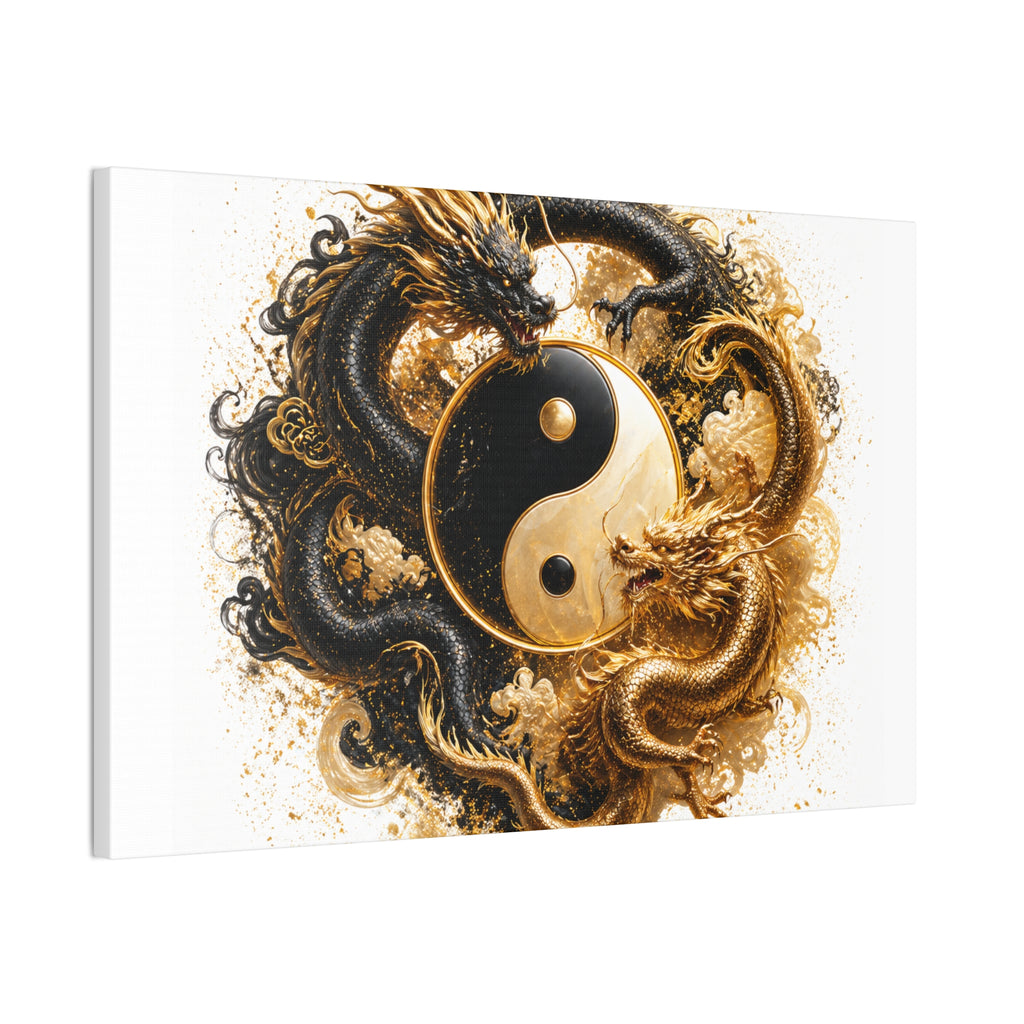 Yin Yang Dragons Canvas Wall Art — Gold & Black Chinese Dragon Print