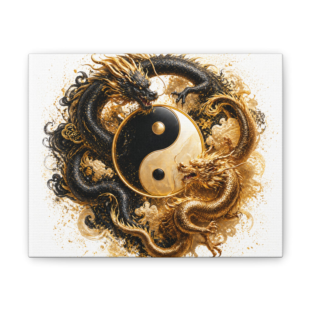 Yin Yang Dragons Canvas Wall Art — Gold & Black Chinese Dragon Print