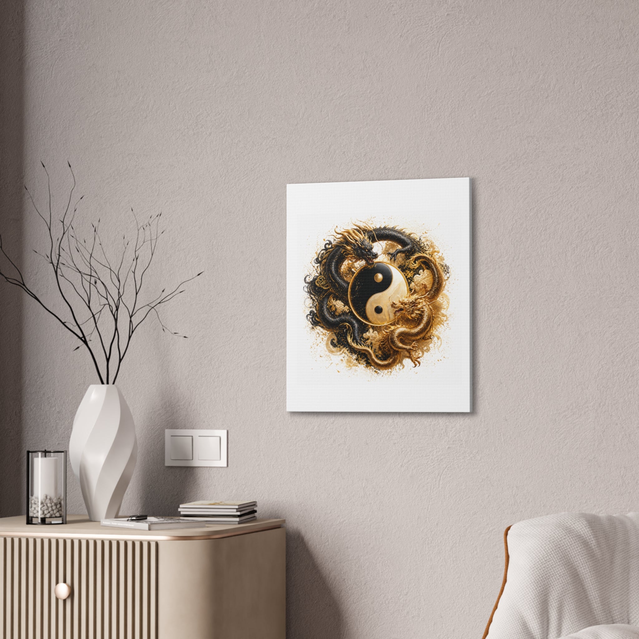 Yin Yang Dragons Canvas Wall Art — Gold & Black Chinese Dragon Print
