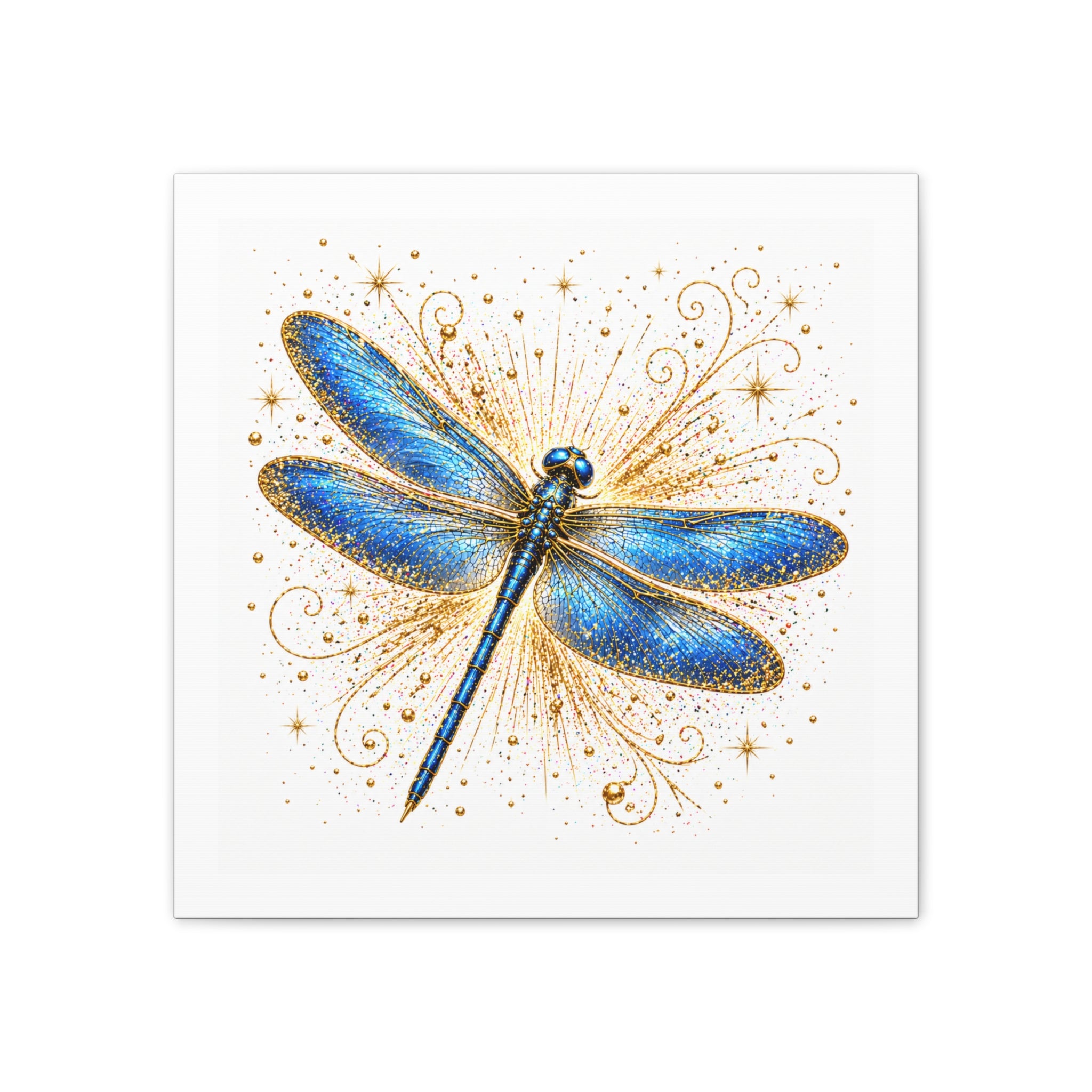 Blue Dragonfly Canvas Wall Art - Sparkling Gold Accents, Stretched 0.75"