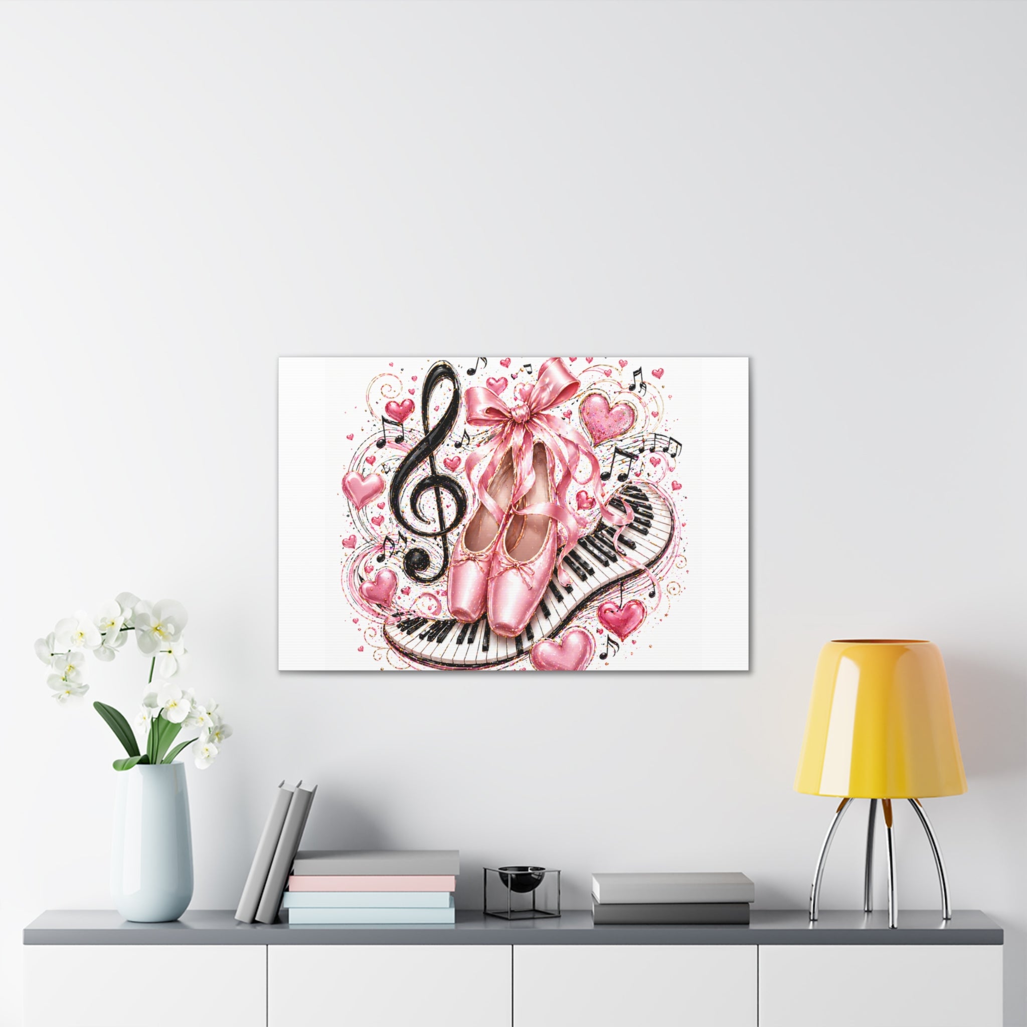 Ballet & Music Canvas Art — Pink Pointe Shoes, Piano Keys & Treble Clef Wall Decor