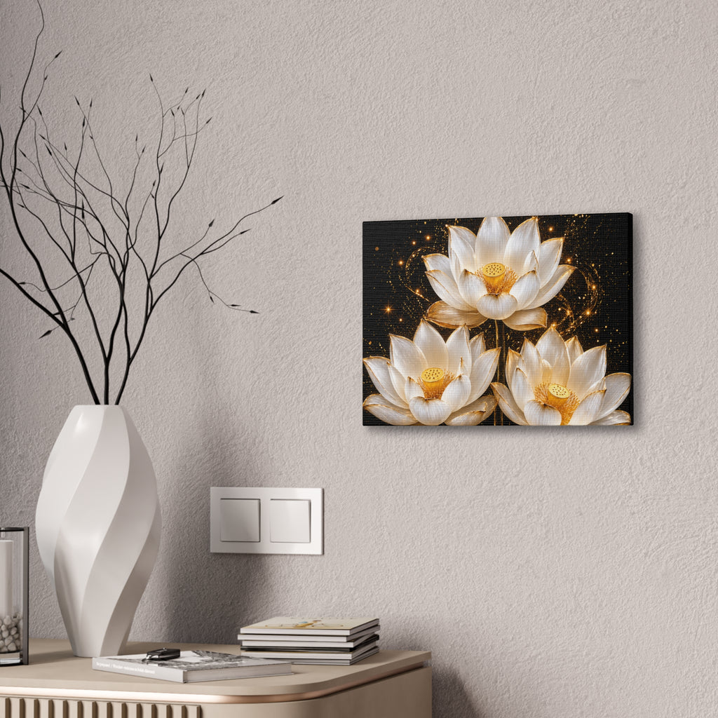 Gold and White Triple Lotus Floral Canvas Wall Art - Stretched 0.75"