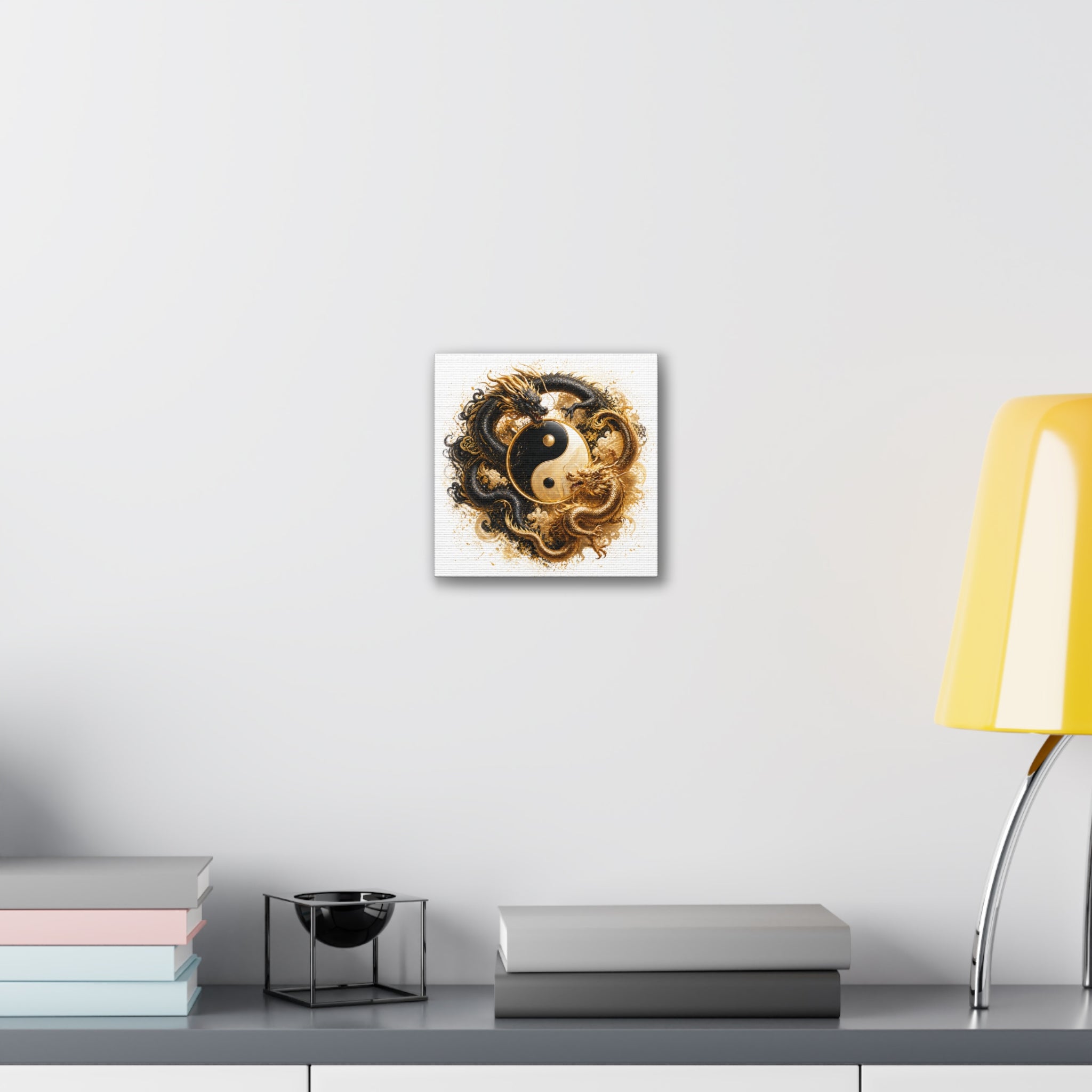 Yin Yang Dragons Canvas Wall Art — Gold & Black Chinese Dragon Print