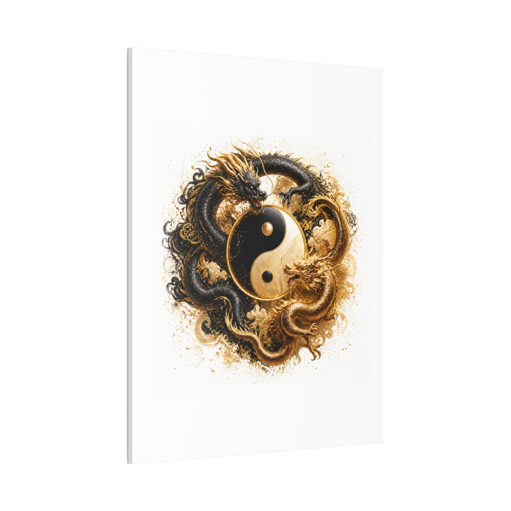 Yin Yang Dragons Canvas Wall Art — Gold & Black Chinese Dragon Print