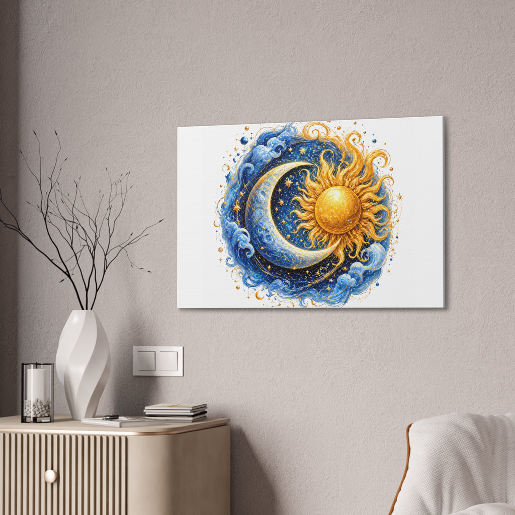 Sun and Moon Wall Art Canvas — Celestial Sun & Crescent Moon Stretched Canvas
