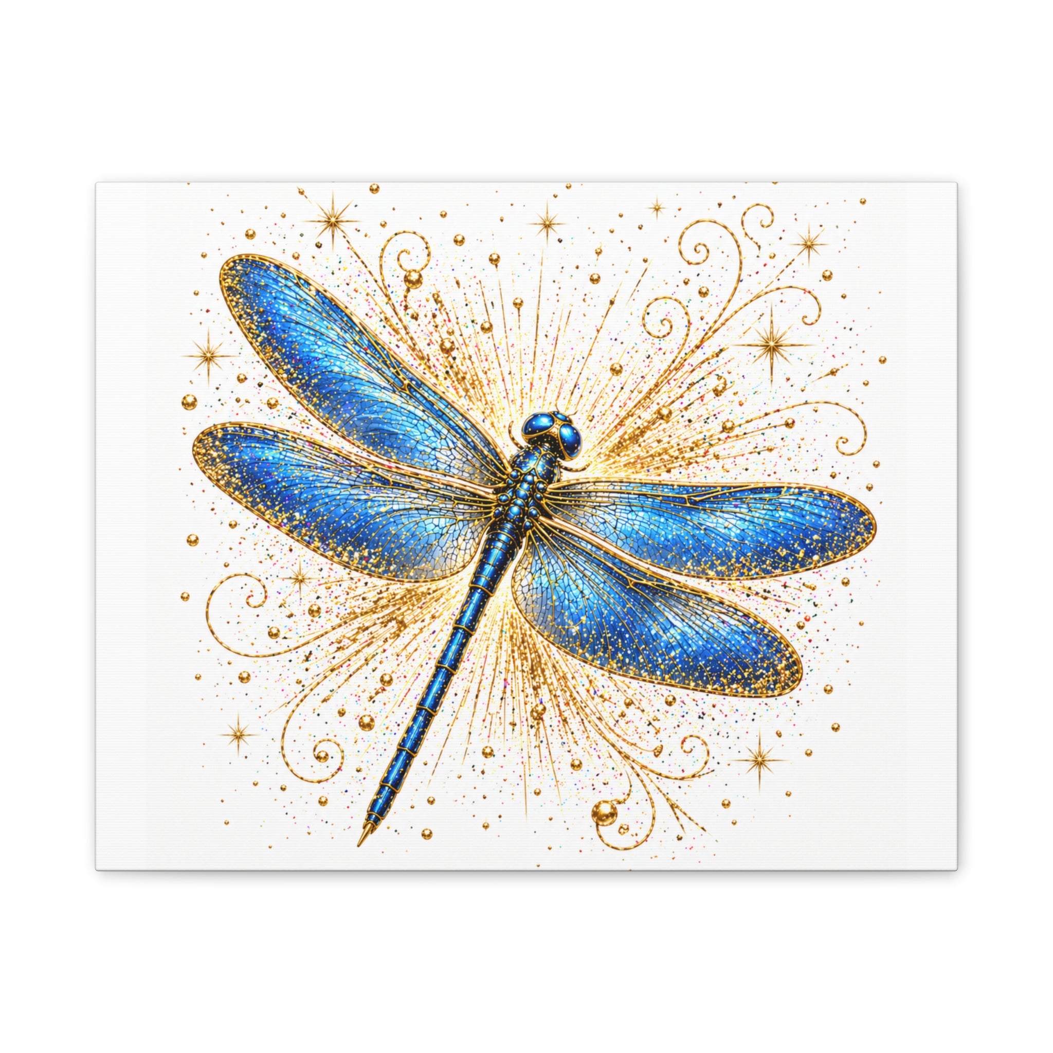 Blue Dragonfly Canvas Wall Art - Sparkling Gold Accents, Stretched 0.75"