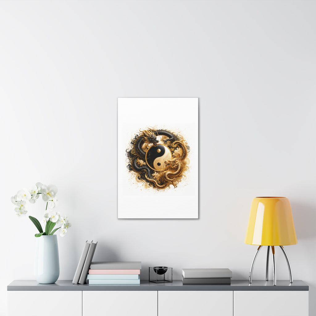 Yin Yang Dragons Canvas Wall Art — Gold & Black Chinese Dragon Print