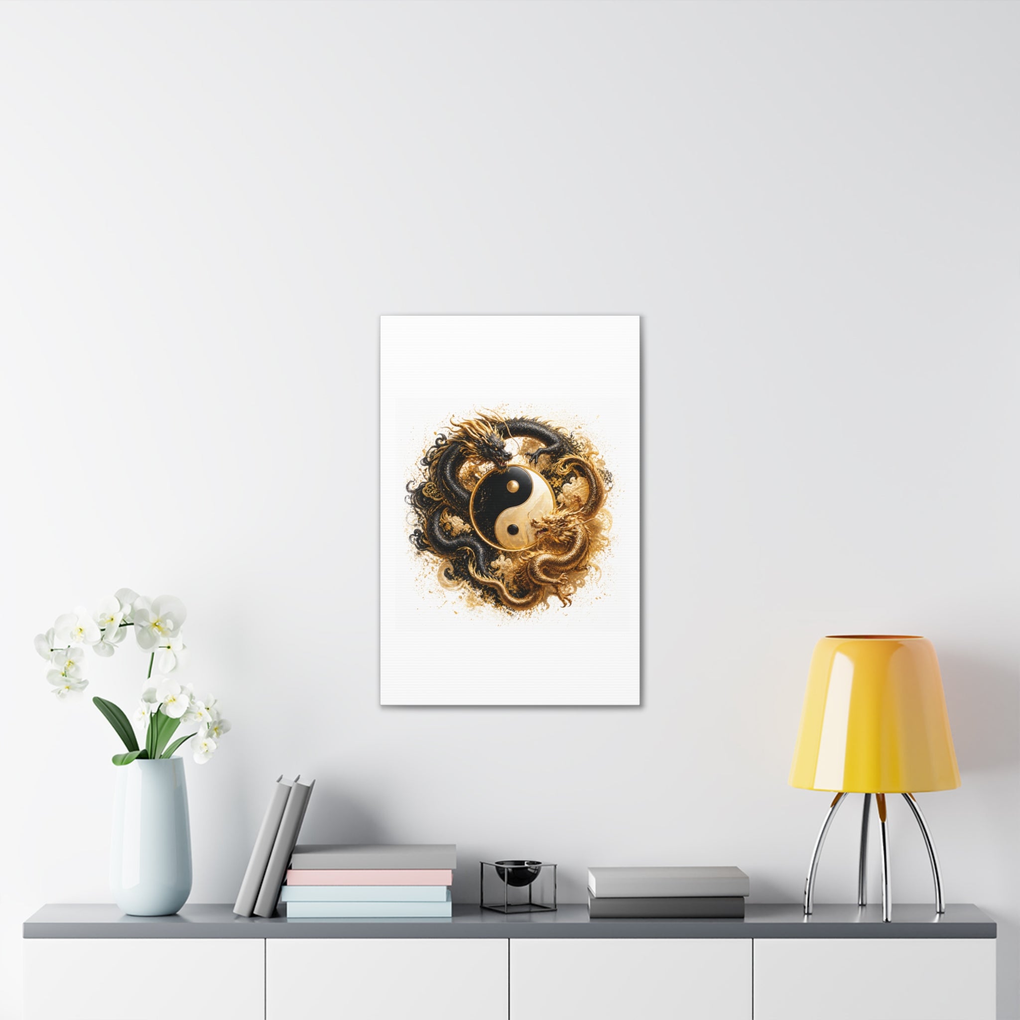 Yin Yang Dragons Canvas Wall Art — Gold & Black Chinese Dragon Print