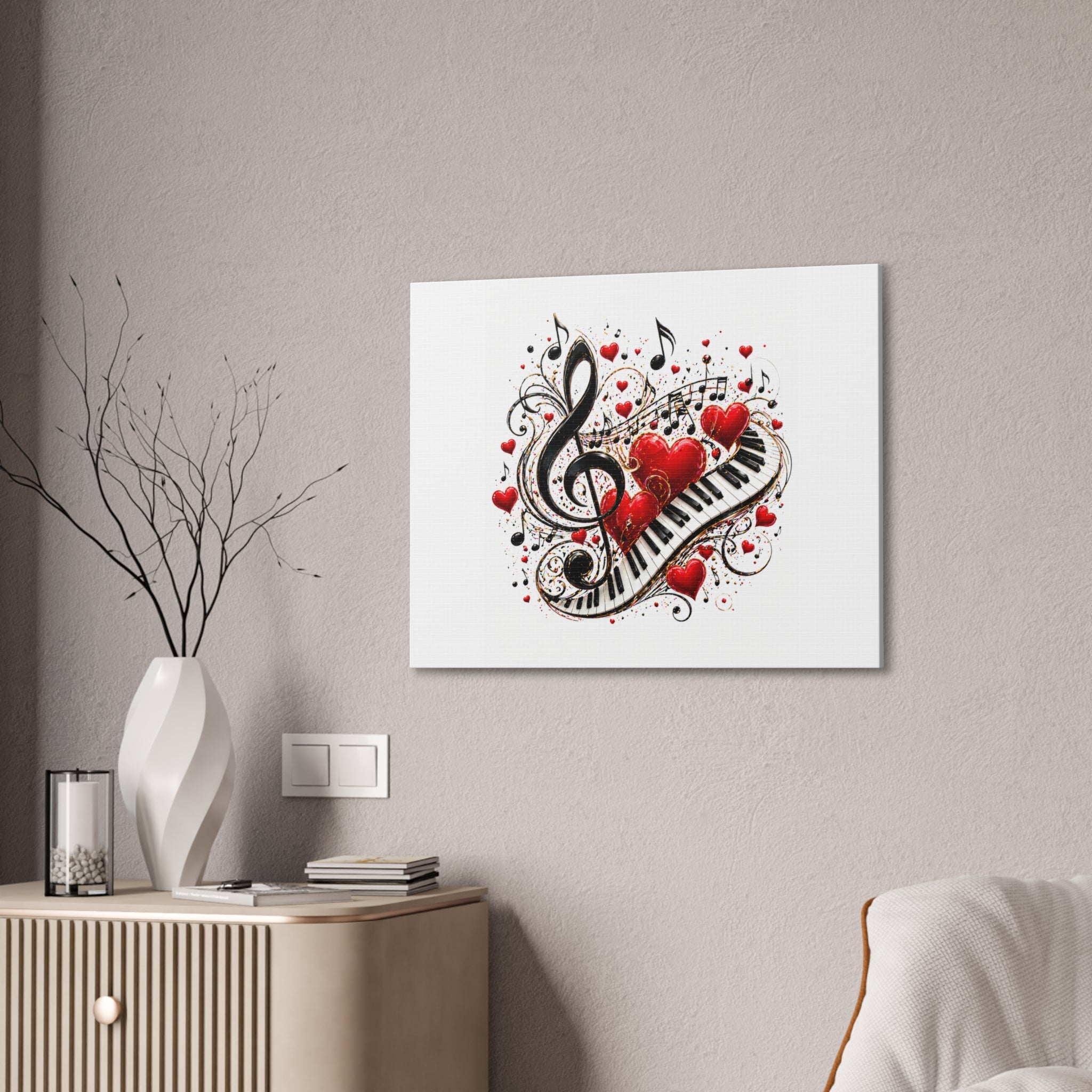 Canvas Print - Musical Hearts Treble Clef & Piano Wall Art (Valentine Music Gift)