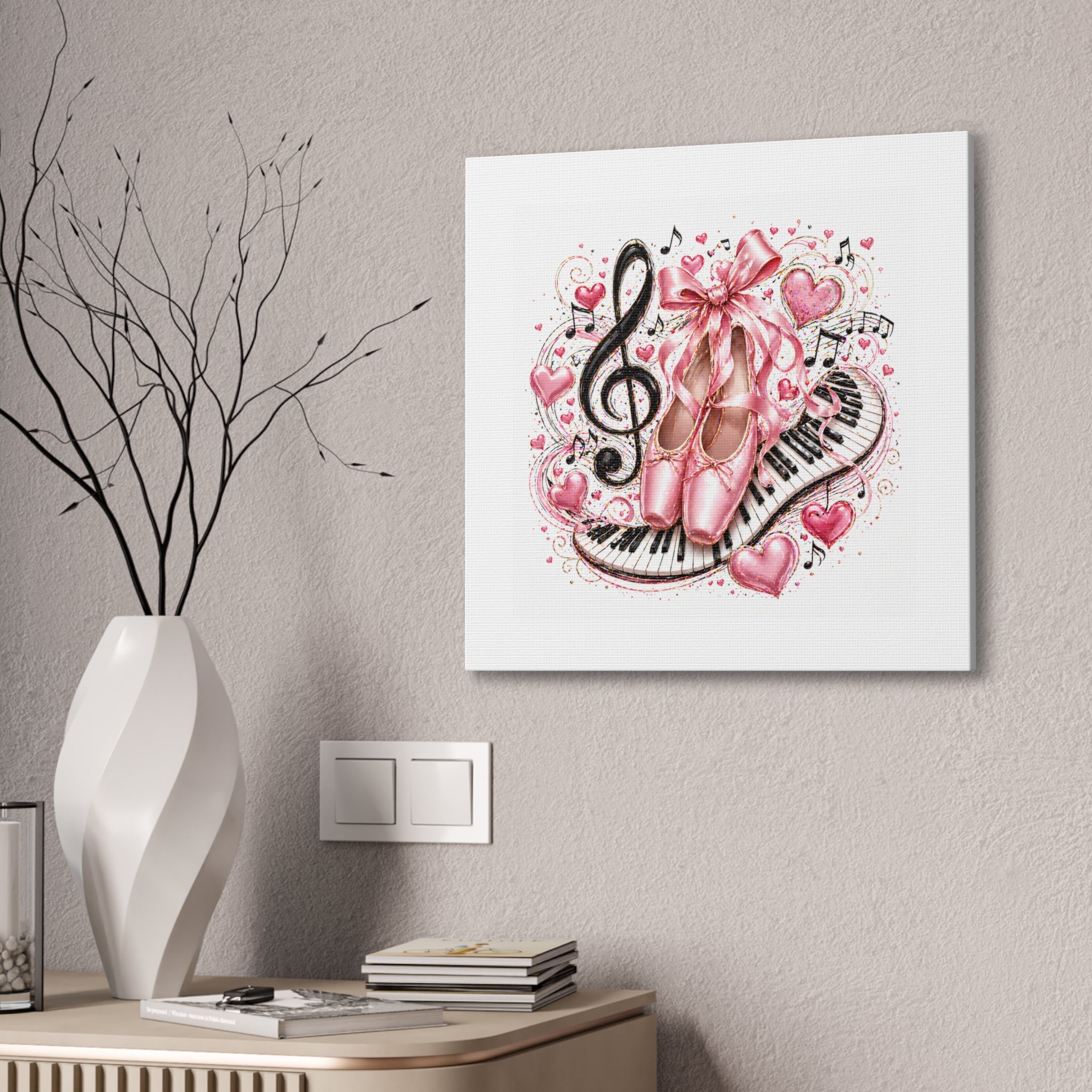 Ballet & Music Canvas Art — Pink Pointe Shoes, Piano Keys & Treble Clef Wall Decor