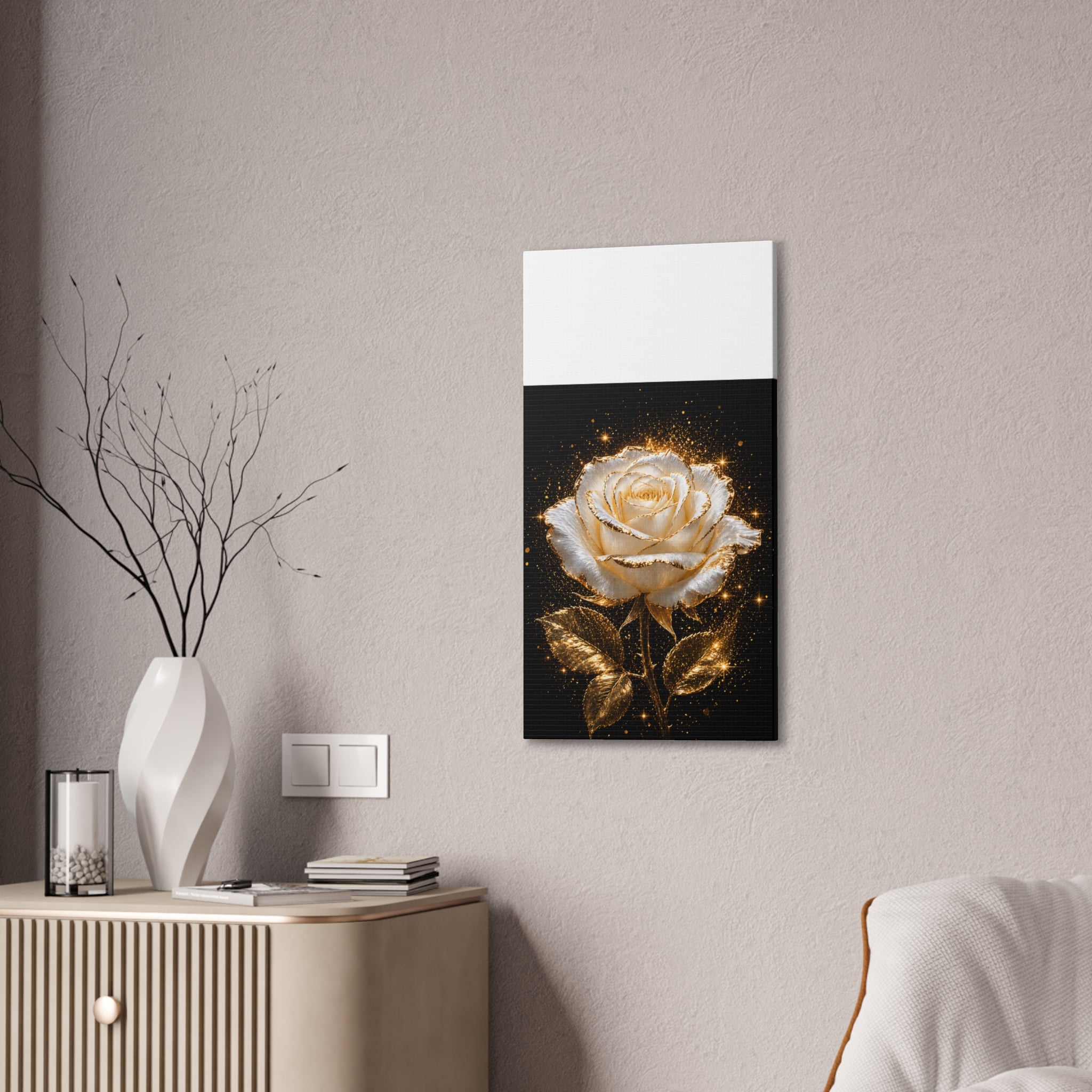 Golden Sparkle Rose Canvas Print — Glam Floral Wall Art