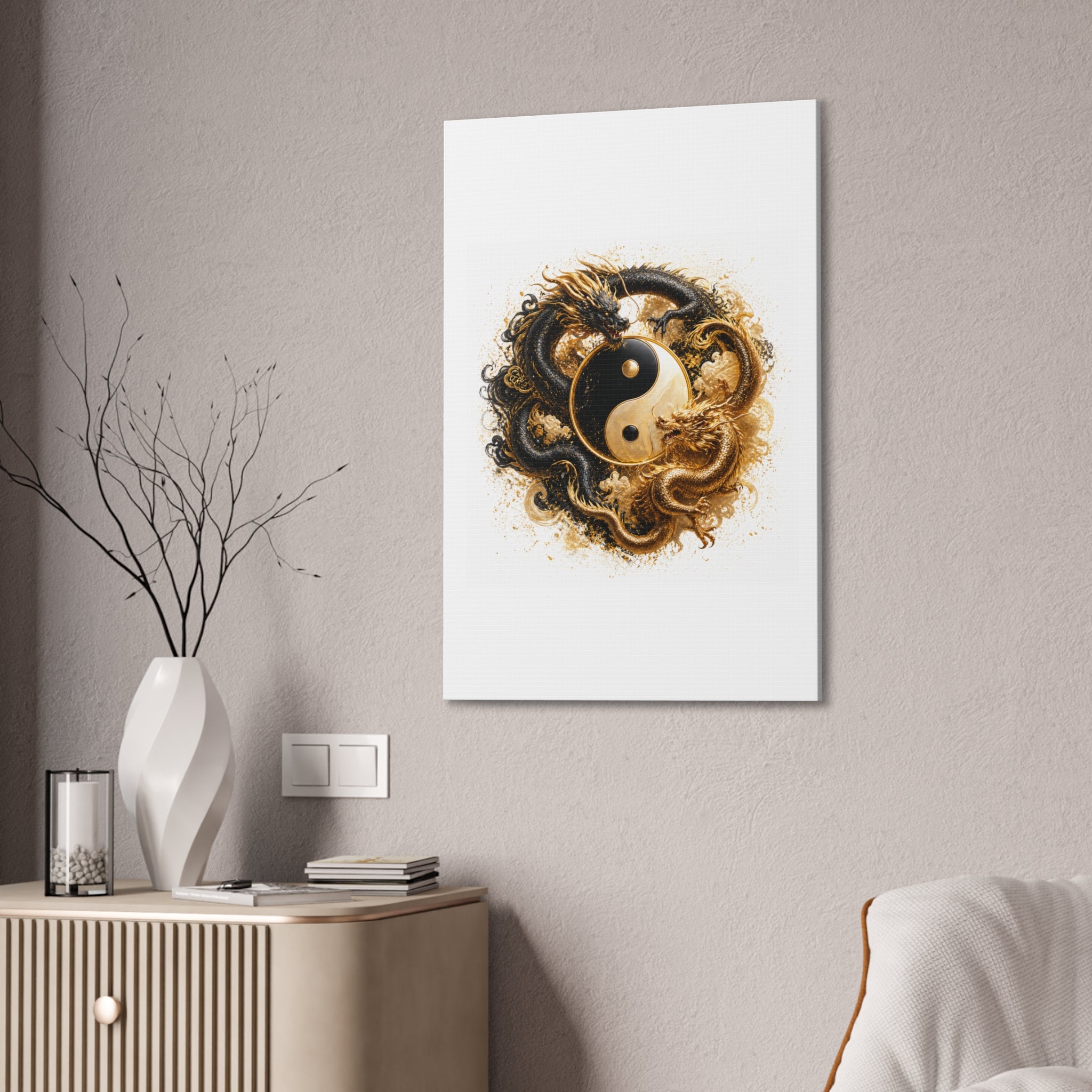 Yin Yang Dragons Canvas Wall Art — Gold & Black Chinese Dragon Print