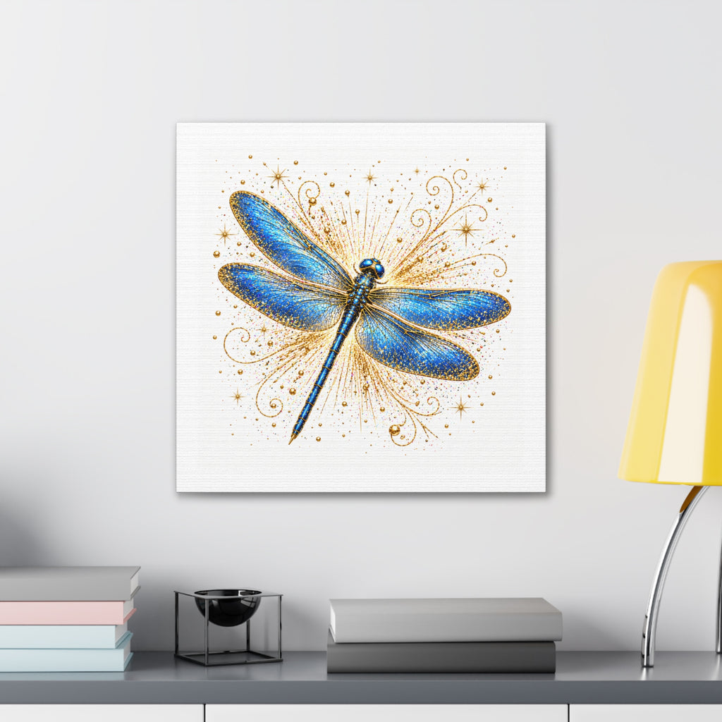 Blue Dragonfly Canvas Wall Art - Sparkling Gold Accents, Stretched 0.75"