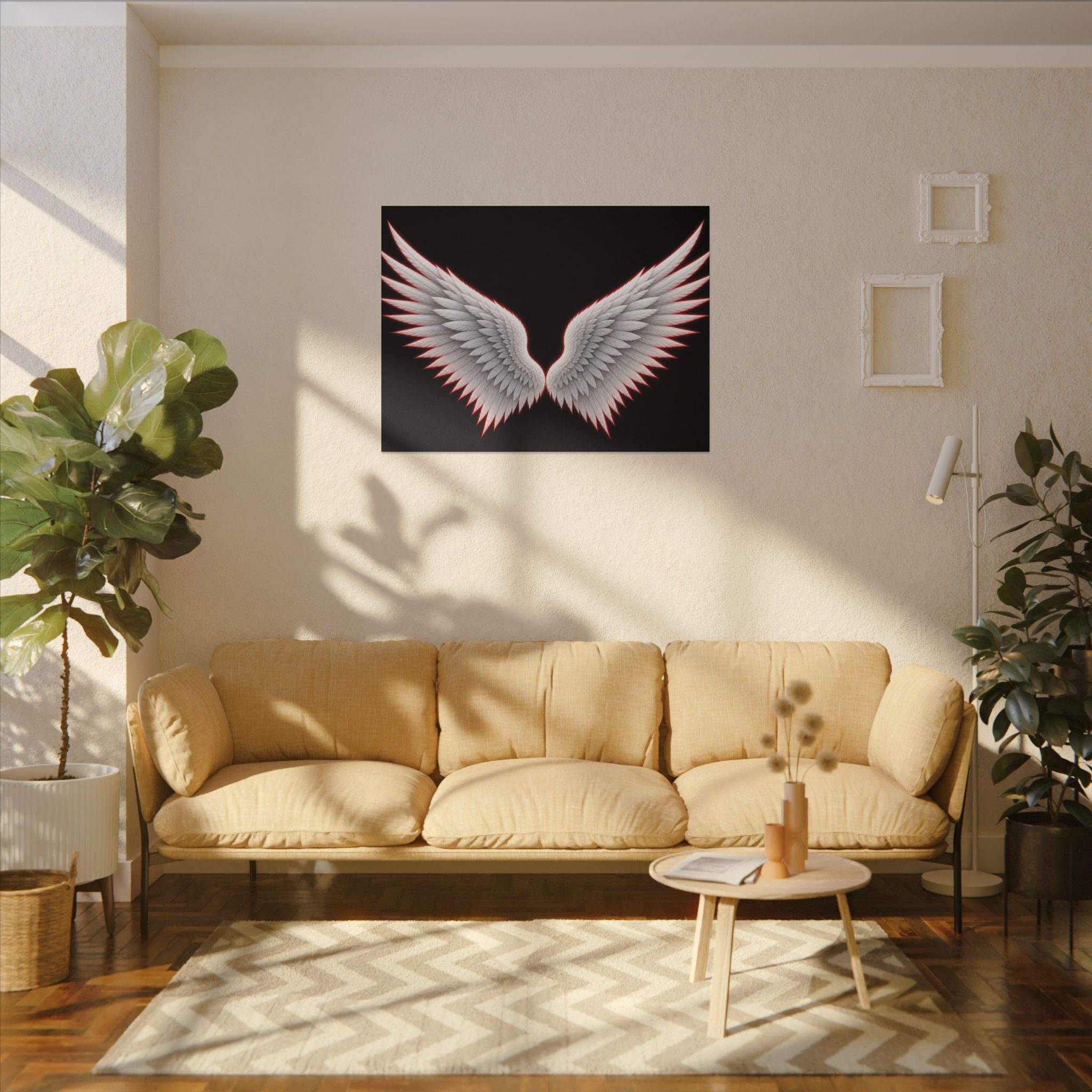 Angel Wings Wall Art Canvas — White Feather Wings on Black Matte Stretched Canvas