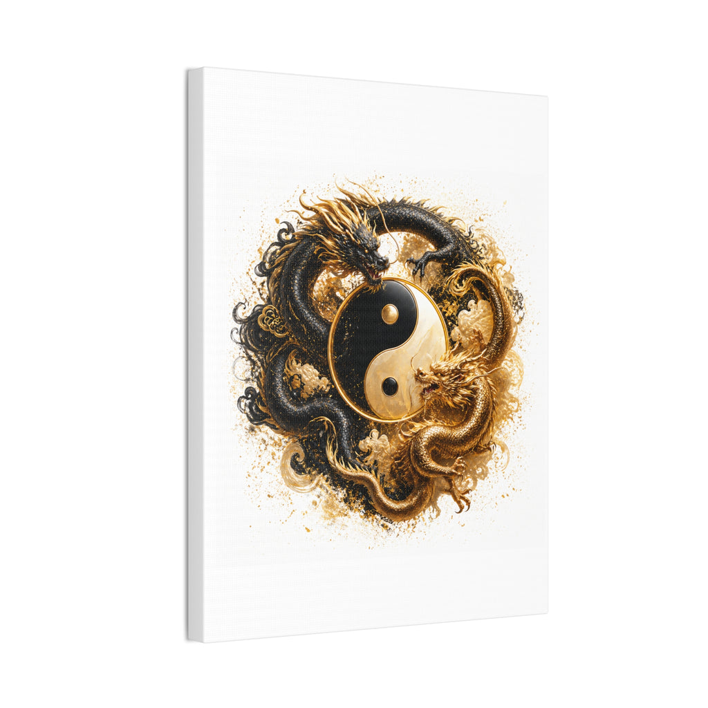 Yin Yang Dragons Canvas Wall Art — Gold & Black Chinese Dragon Print
