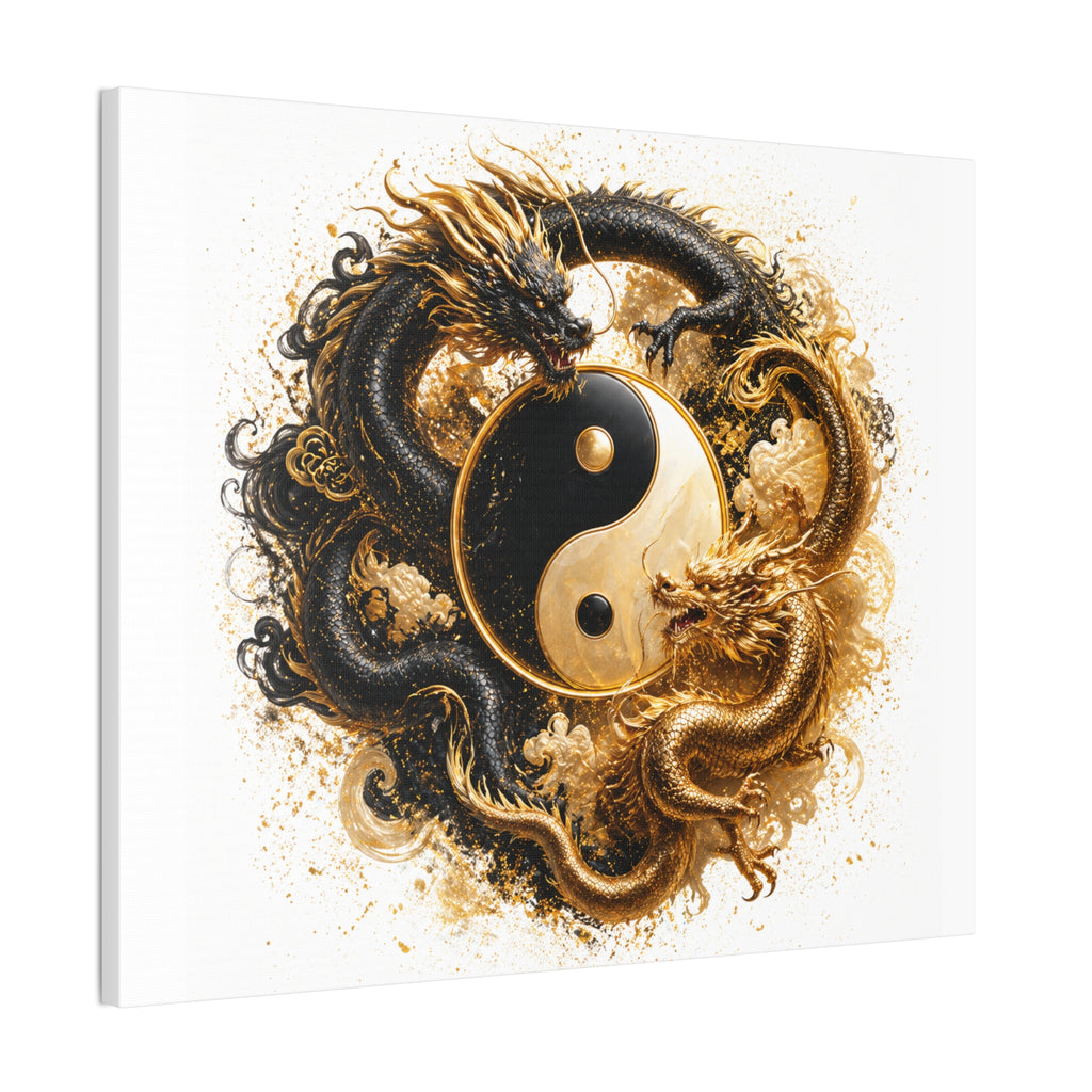 Yin Yang Dragons Canvas Wall Art — Gold & Black Chinese Dragon Print