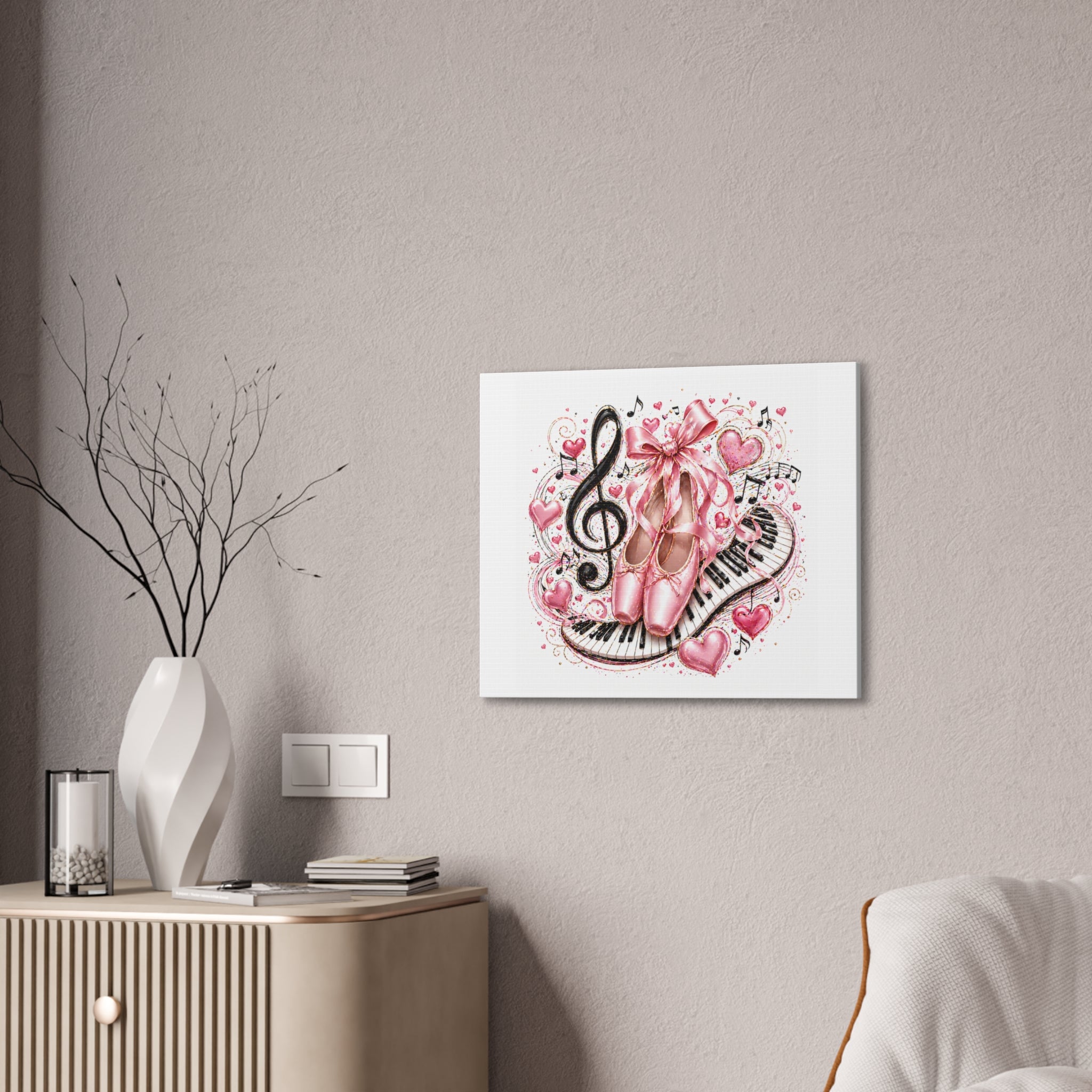 Ballet & Music Canvas Art — Pink Pointe Shoes, Piano Keys & Treble Clef Wall Decor