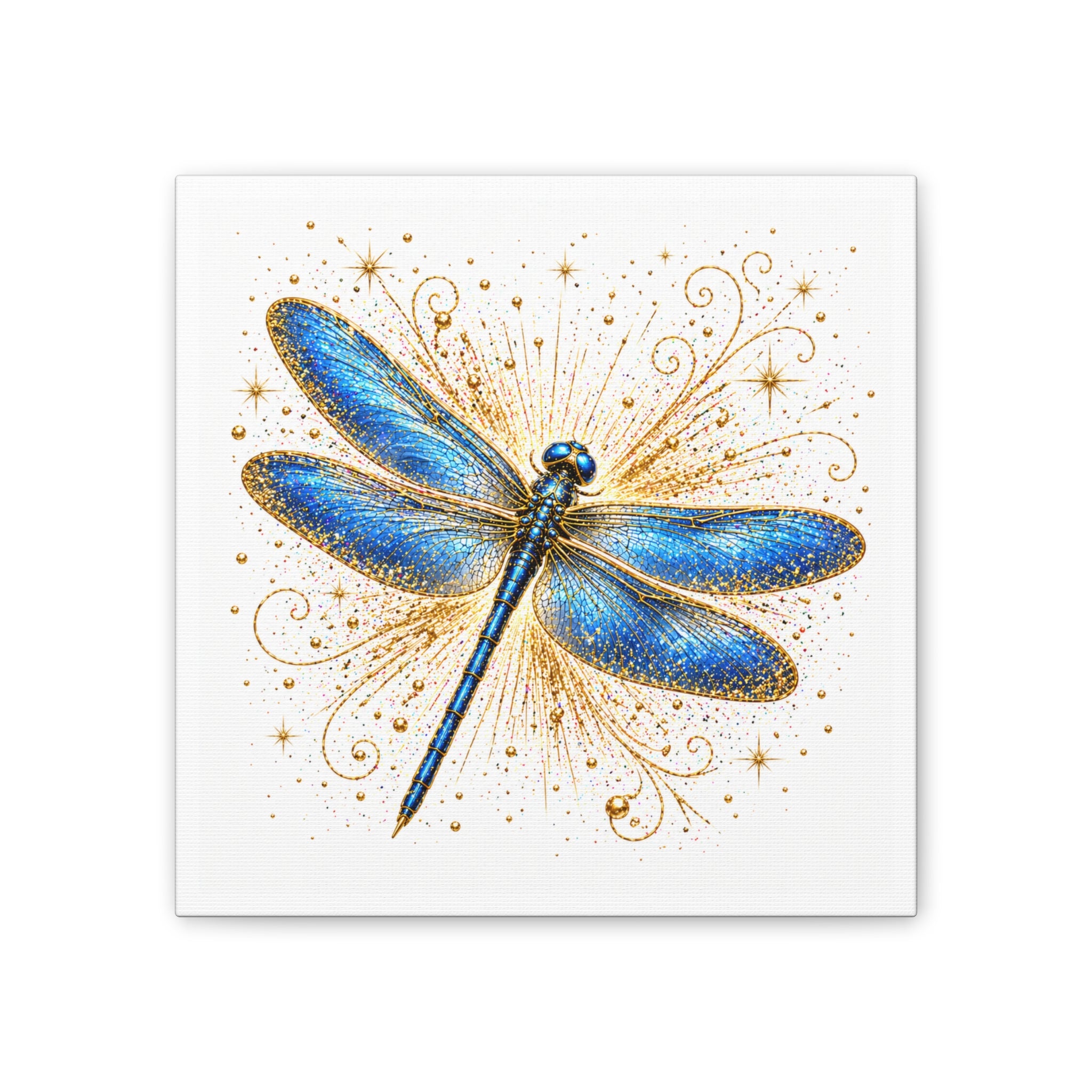Blue Dragonfly Canvas Wall Art - Sparkling Gold Accents, Stretched 0.75"