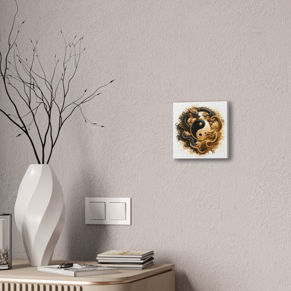 Yin Yang Dragons Canvas Wall Art — Gold & Black Chinese Dragon Print