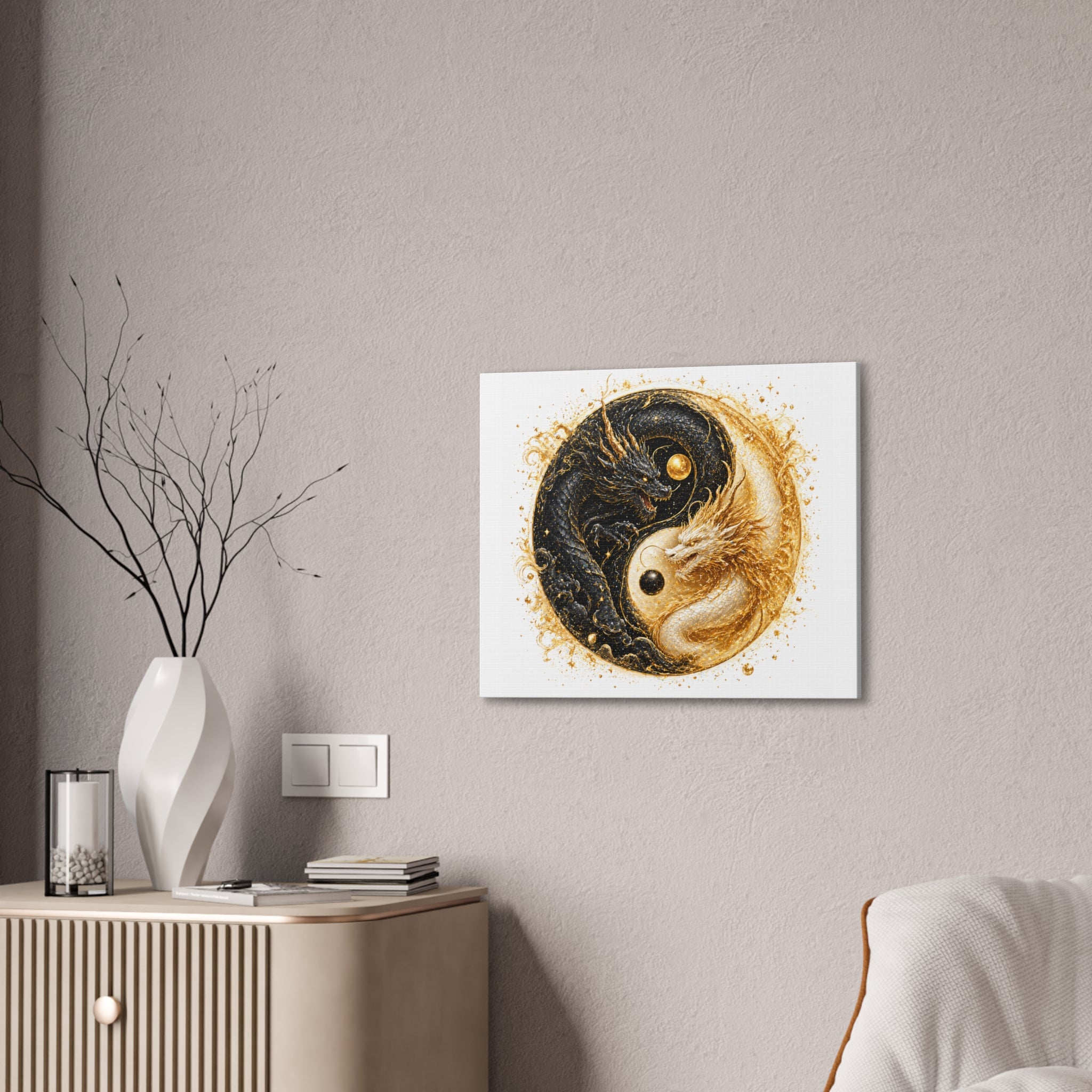 Yin Yang Dragon Canvas Print — Gold & Black Fantasy Wall Art