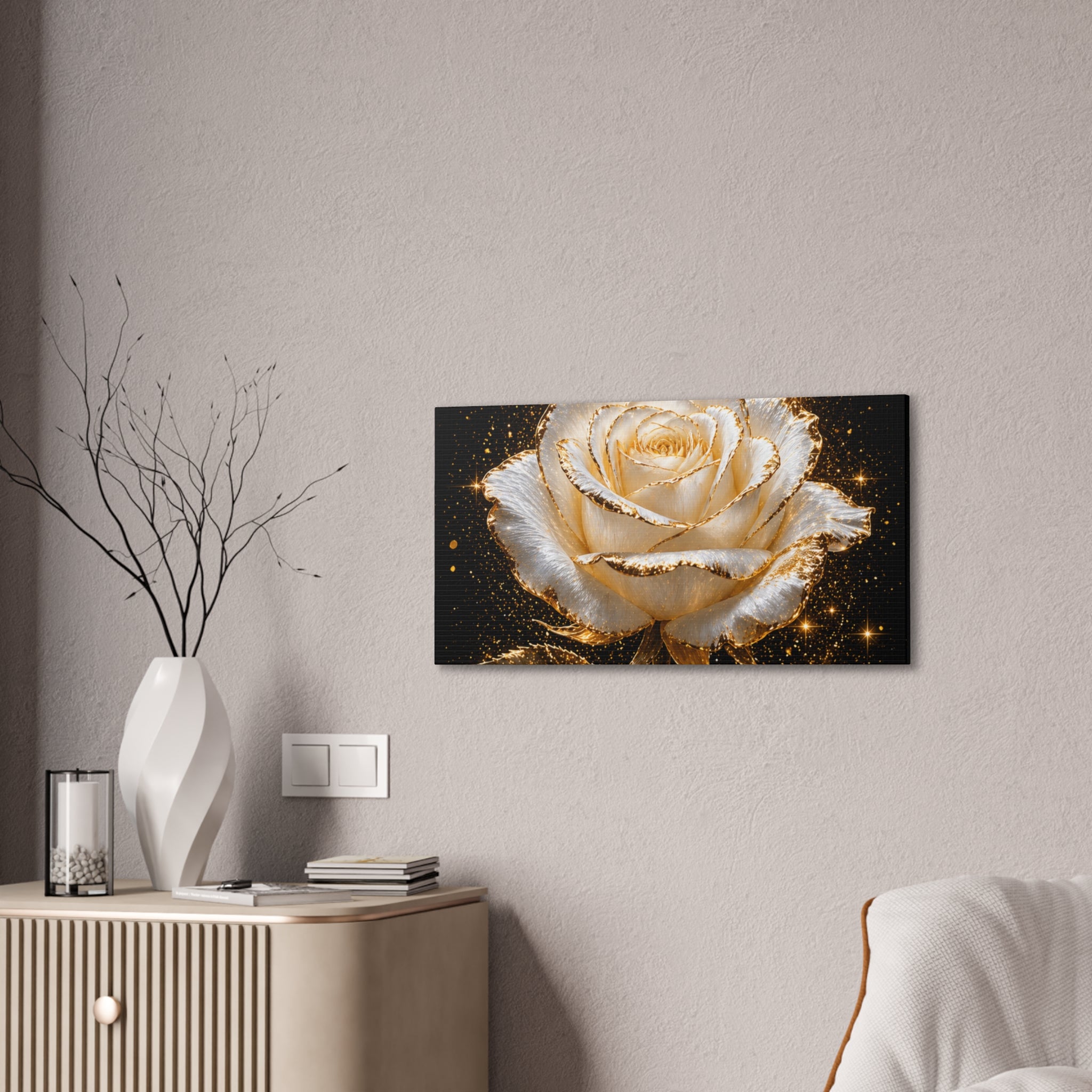 Golden Sparkle Rose Canvas Print — Glam Floral Wall Art