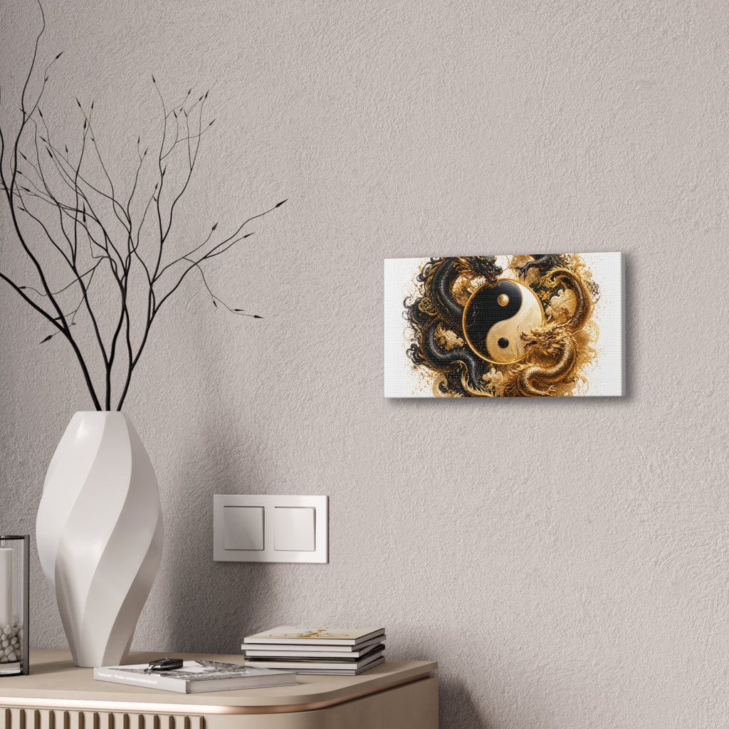 Yin Yang Dragons Canvas Wall Art — Gold & Black Chinese Dragon Print
