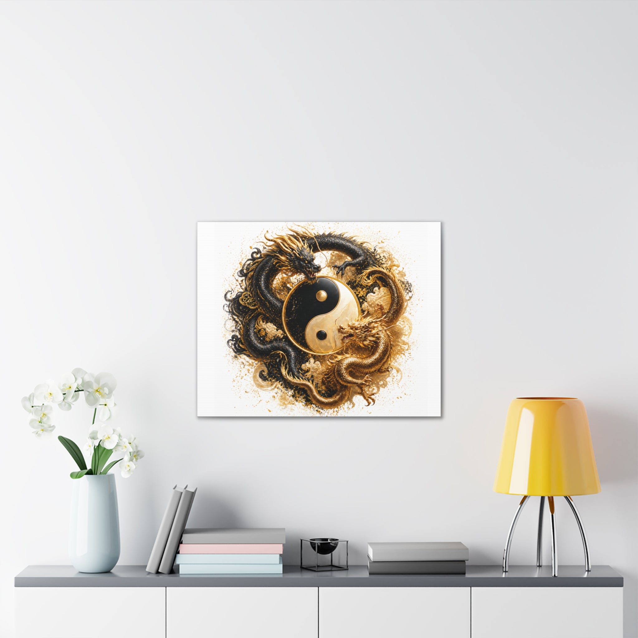 Yin Yang Dragons Canvas Wall Art — Gold & Black Chinese Dragon Print