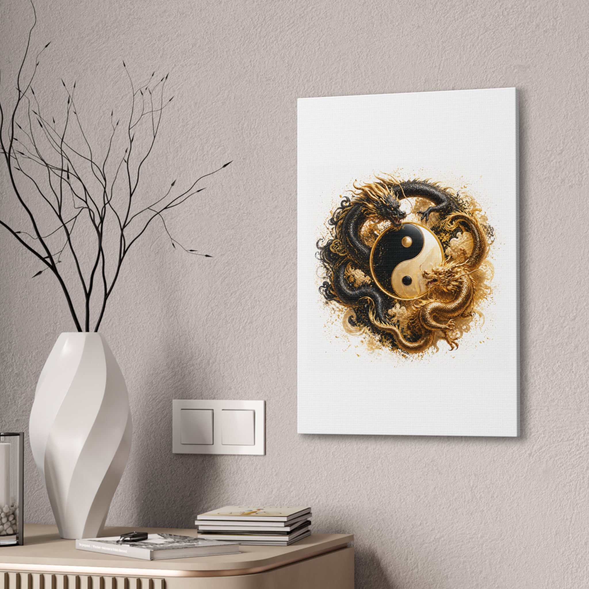 Yin Yang Dragons Canvas Wall Art — Gold & Black Chinese Dragon Print