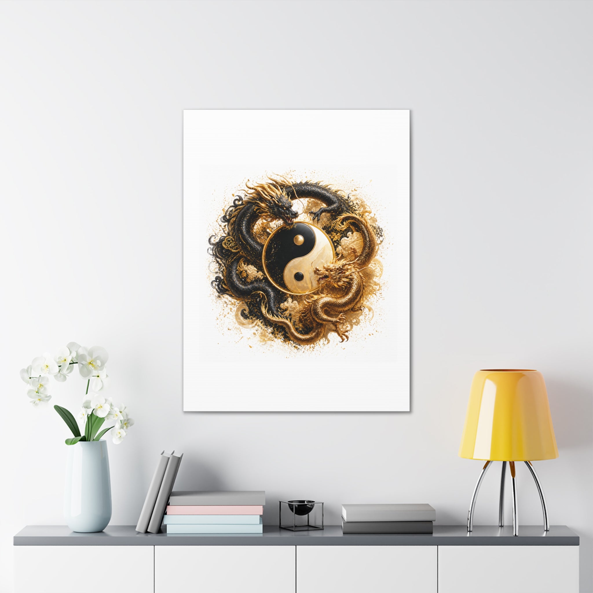 Yin Yang Dragons Canvas Wall Art — Gold & Black Chinese Dragon Print
