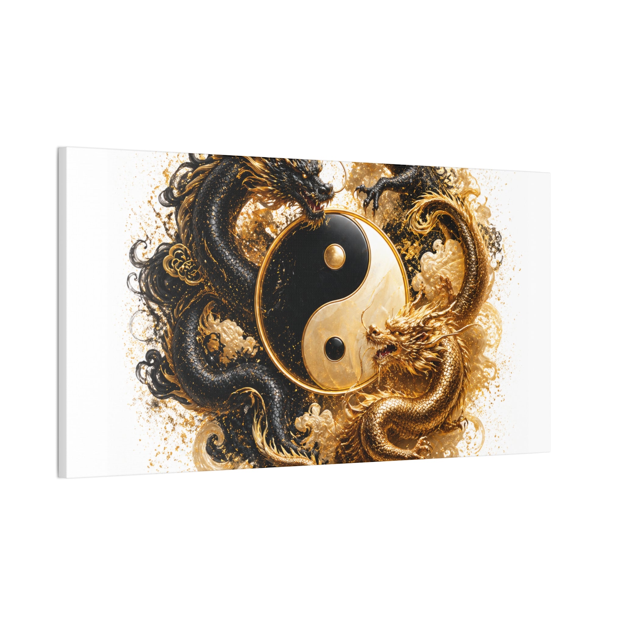 Yin Yang Dragons Canvas Wall Art — Gold & Black Chinese Dragon Print