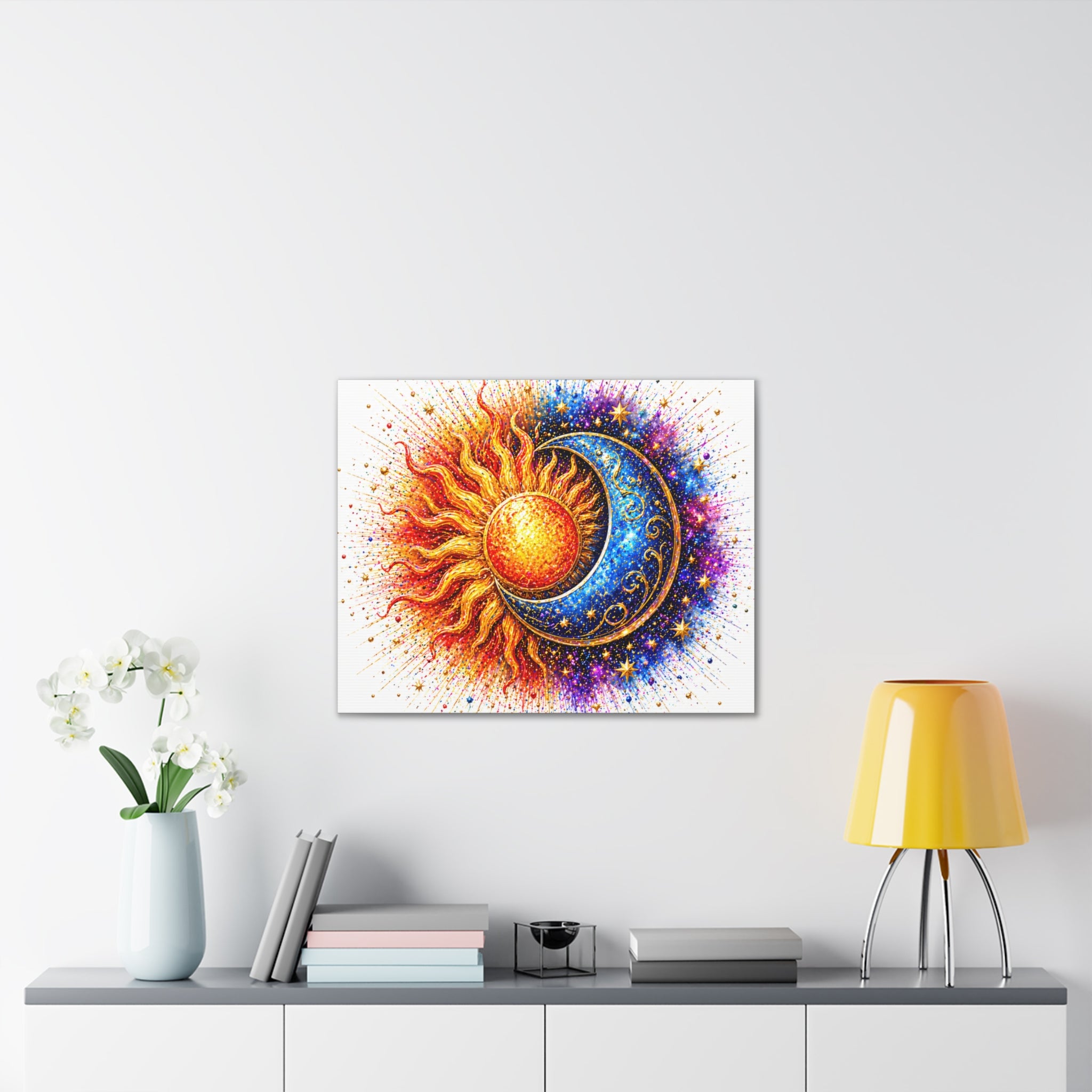 Sun and Moon Wall Art Canvas – Vibrant Celestial Sun & Crescent Moon Stretched Canvas