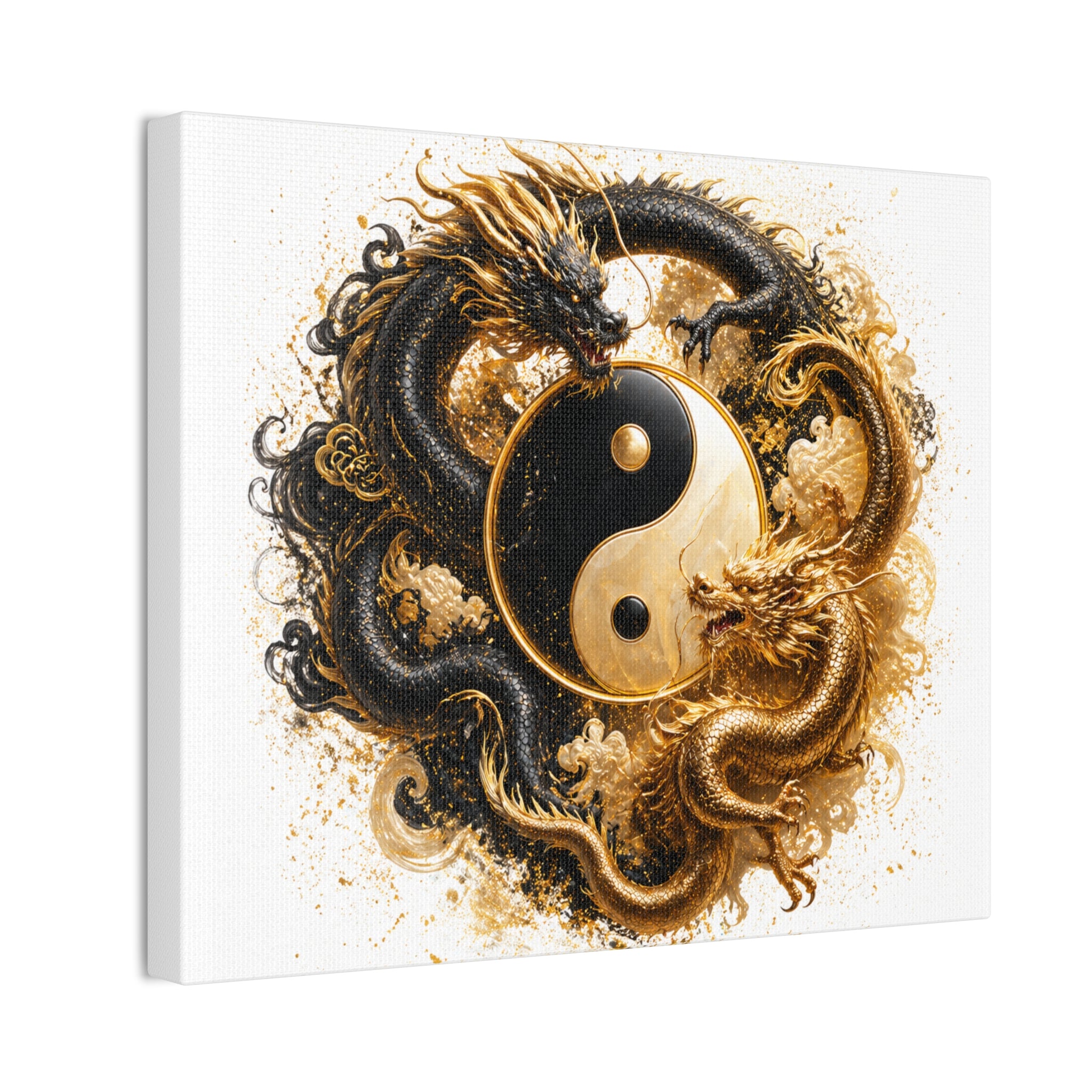 Yin Yang Dragons Canvas Wall Art — Gold & Black Chinese Dragon Print