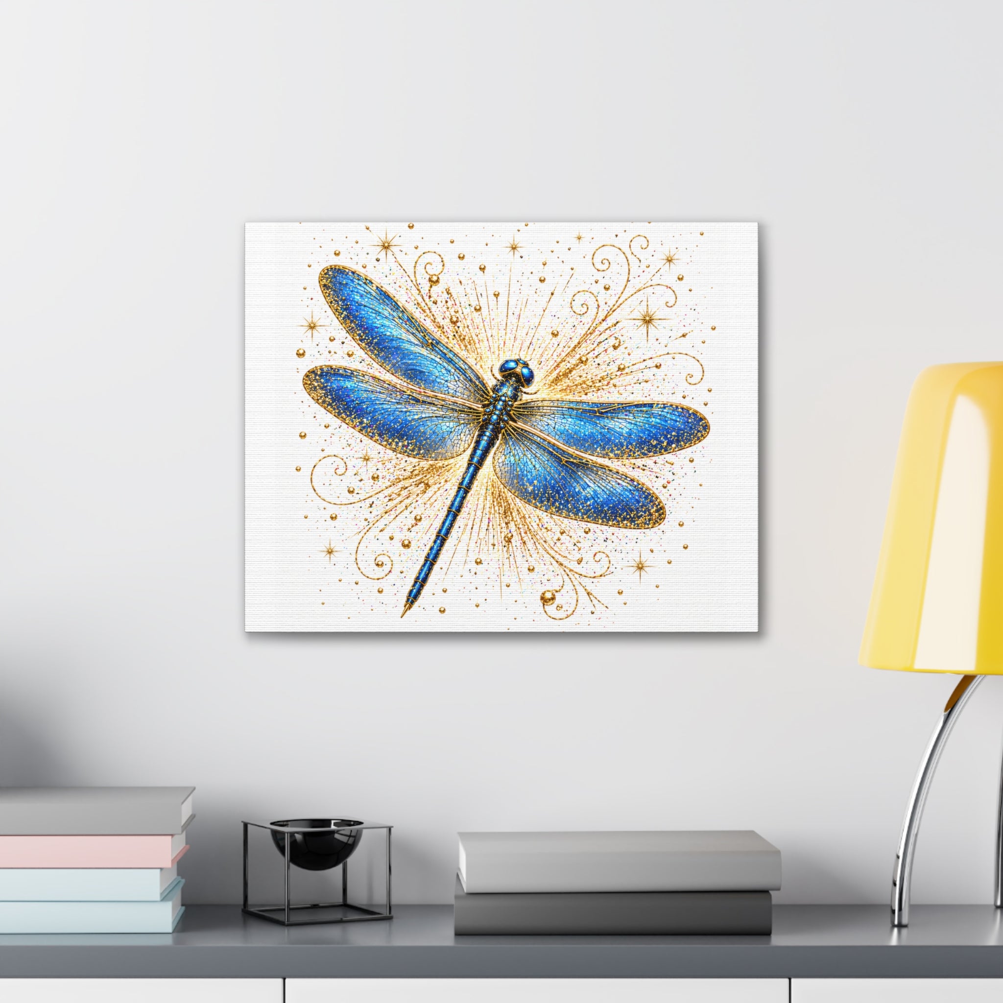 Blue Dragonfly Canvas Wall Art - Sparkling Gold Accents, Stretched 0.75"