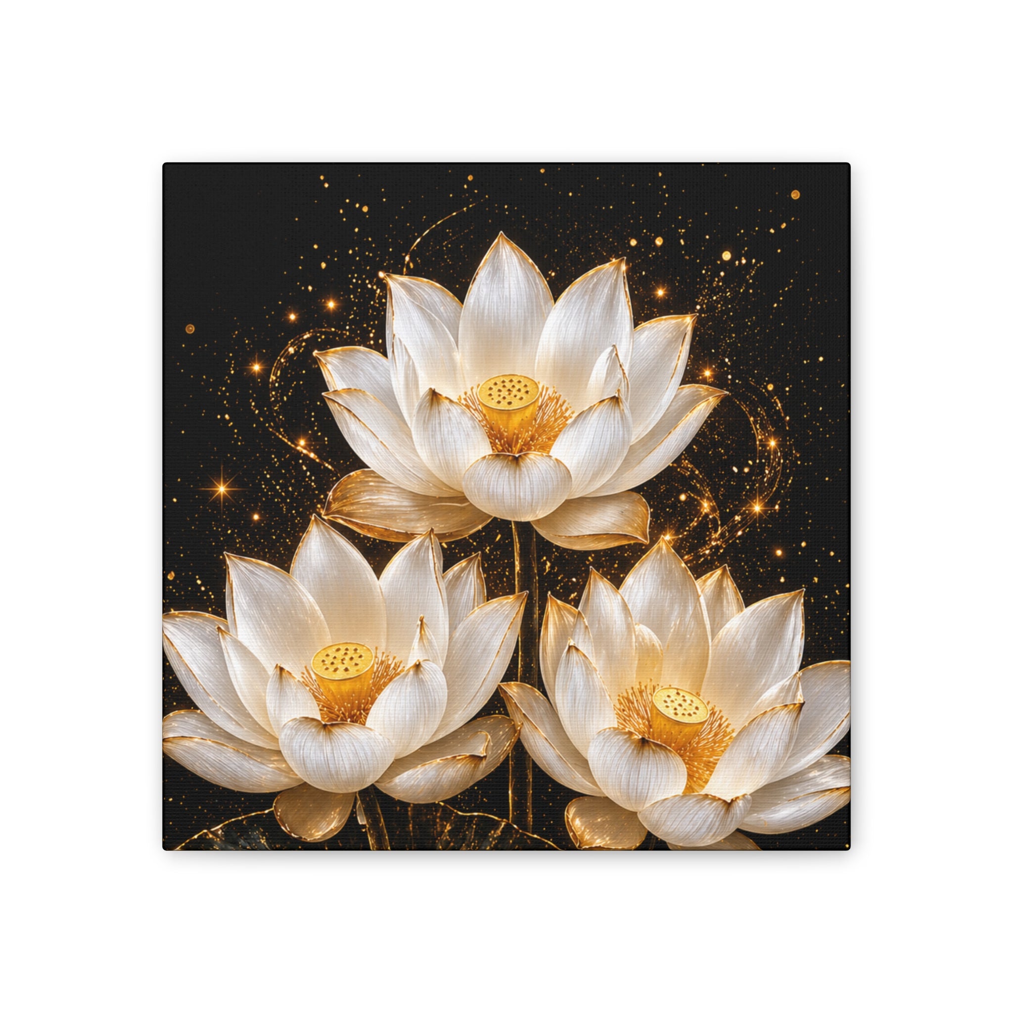 Gold and White Triple Lotus Floral Canvas Wall Art - Stretched 0.75"