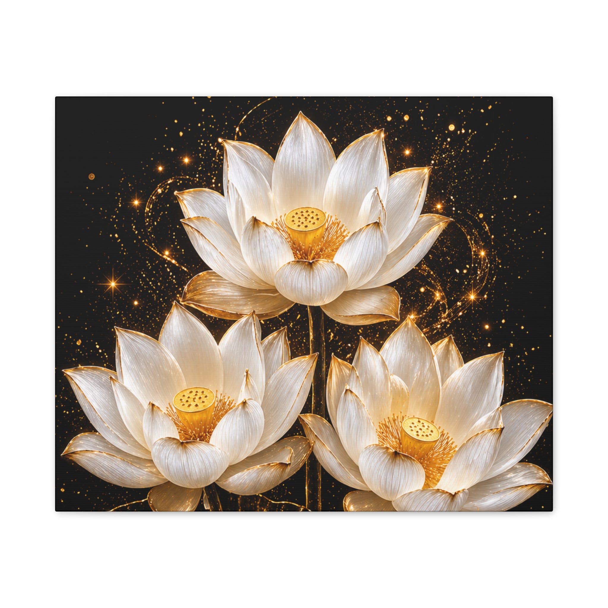 Gold and White Triple Lotus Floral Canvas Wall Art - Stretched 0.75"
