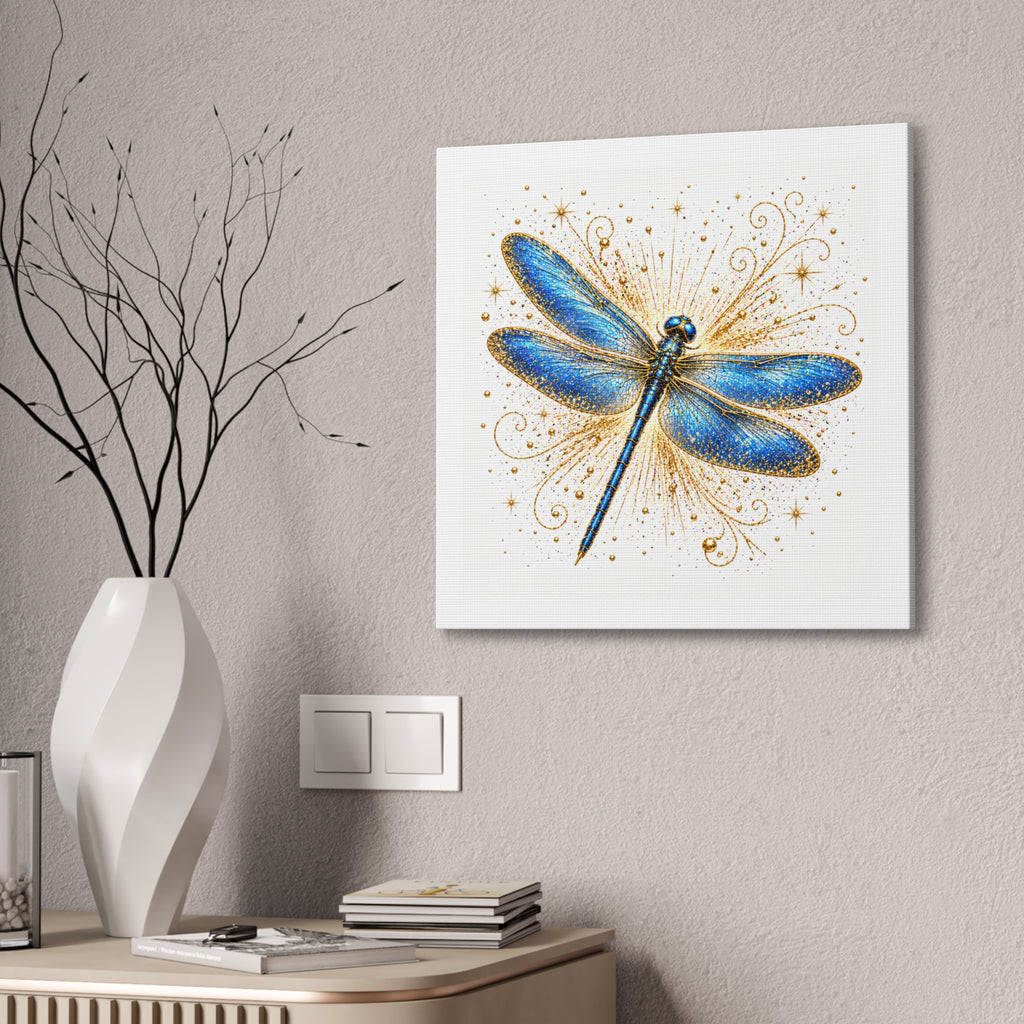 Blue Dragonfly Canvas Wall Art - Sparkling Gold Accents, Stretched 0.75"