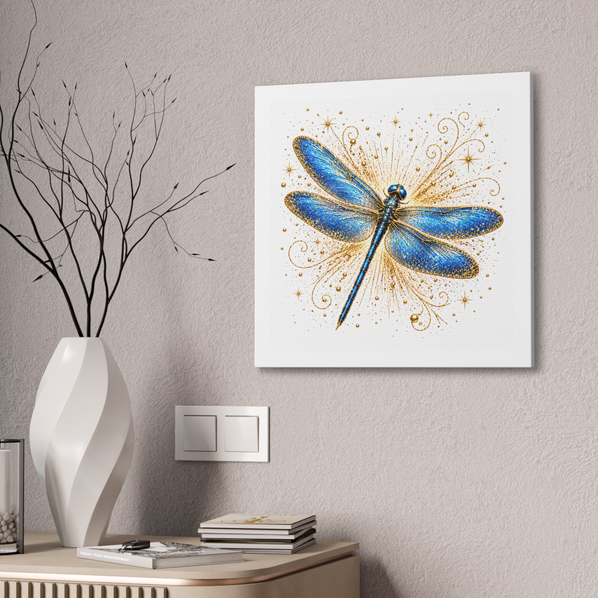 Blue Dragonfly Canvas Wall Art - Sparkling Gold Accents, Stretched 0.75"