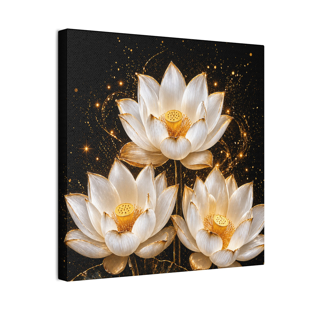 Gold and White Triple Lotus Floral Canvas Wall Art - Stretched 0.75"