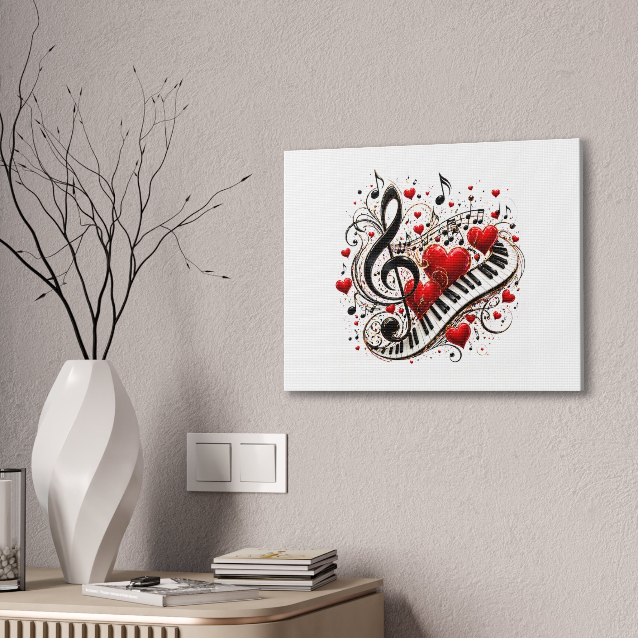 Canvas Print - Musical Hearts Treble Clef & Piano Wall Art (Valentine Music Gift)